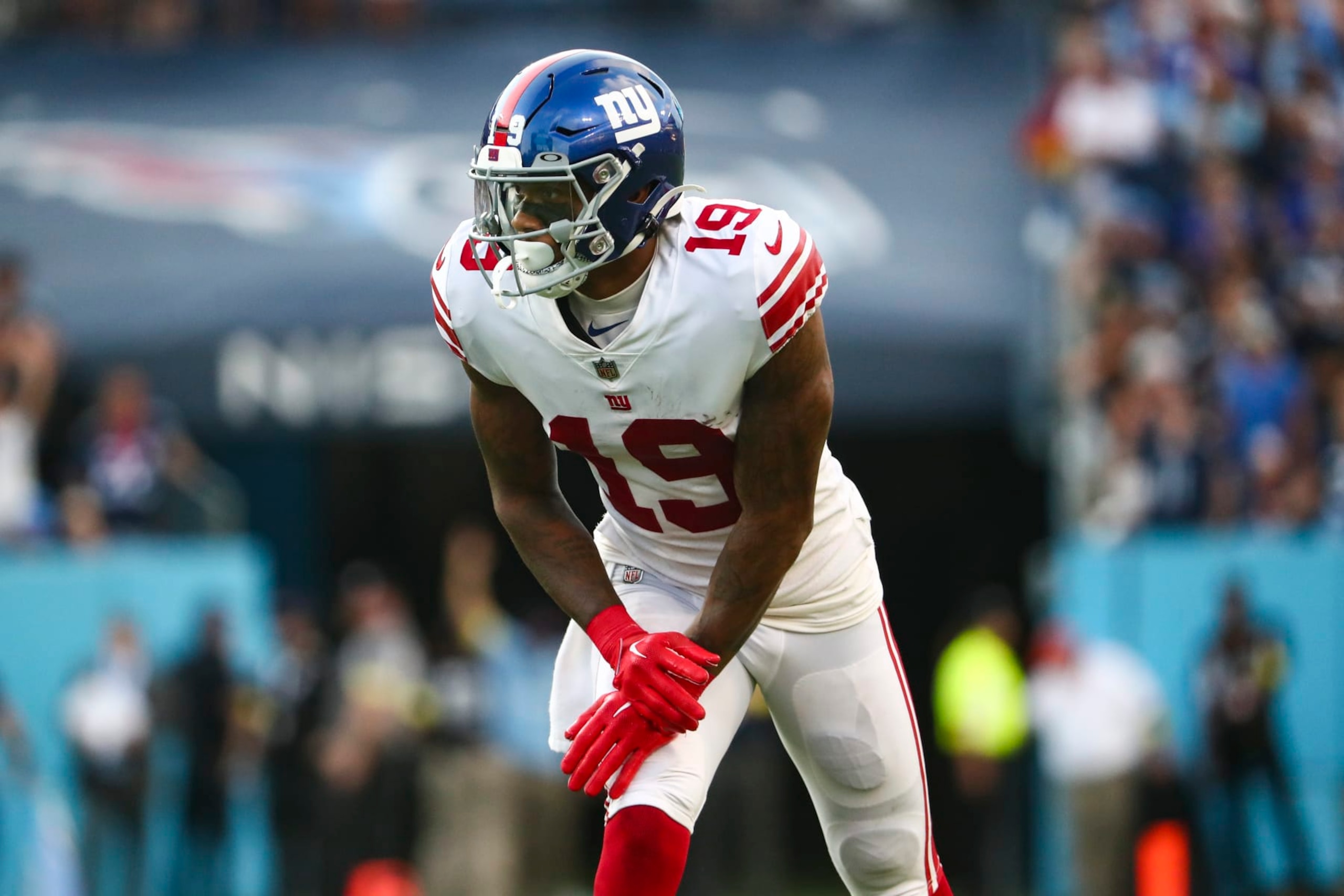NASHVILLE, FL - SEPTEMBER 11: Kenny Golladay #19 of the New York Giants lines up before a play during an NFL football game against the Tennessee Titans at Nissan Stadium on September 11, 2022 in Nashville, Tennessee. (Photo by Kevin Sabitus/Getty Images) NASHVILLE, FL - SEPTEMBER 11: Kenny Golladay #19 of the New York Giants lines up before a play during an NFL football game against the Tennessee Titans at Nissan Stadium on September 11, 2022 in Nashville, Tennessee. (Photo by Kevin Sabitus/Getty Images)