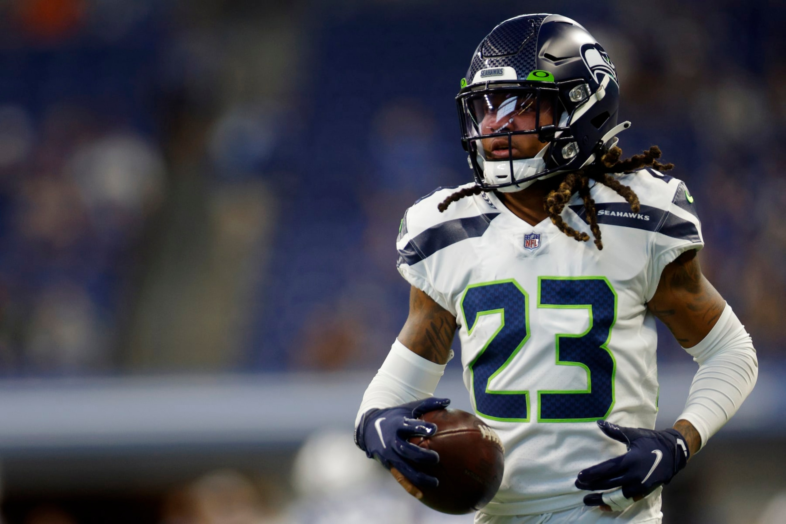 INDIANAPOLIS, INDIANA - SEPTEMBER 12: Sidney Jones IV #23 of the Seattle Seahawks warms up prior to the game against the Indianapolis Colts at Lucas Oil Stadium on September 12, 2021 in Indianapolis, Indiana. (Photo by Michael Hickey/Getty Images) INDIANAPOLIS, INDIANA - SEPTEMBER 12: Sidney Jones IV #23 of the Seattle Seahawks warms up prior to the game against the Indianapolis Colts at Lucas Oil Stadium on September 12, 2021 in Indianapolis, Indiana. (Photo by Michael Hickey/Getty Images)