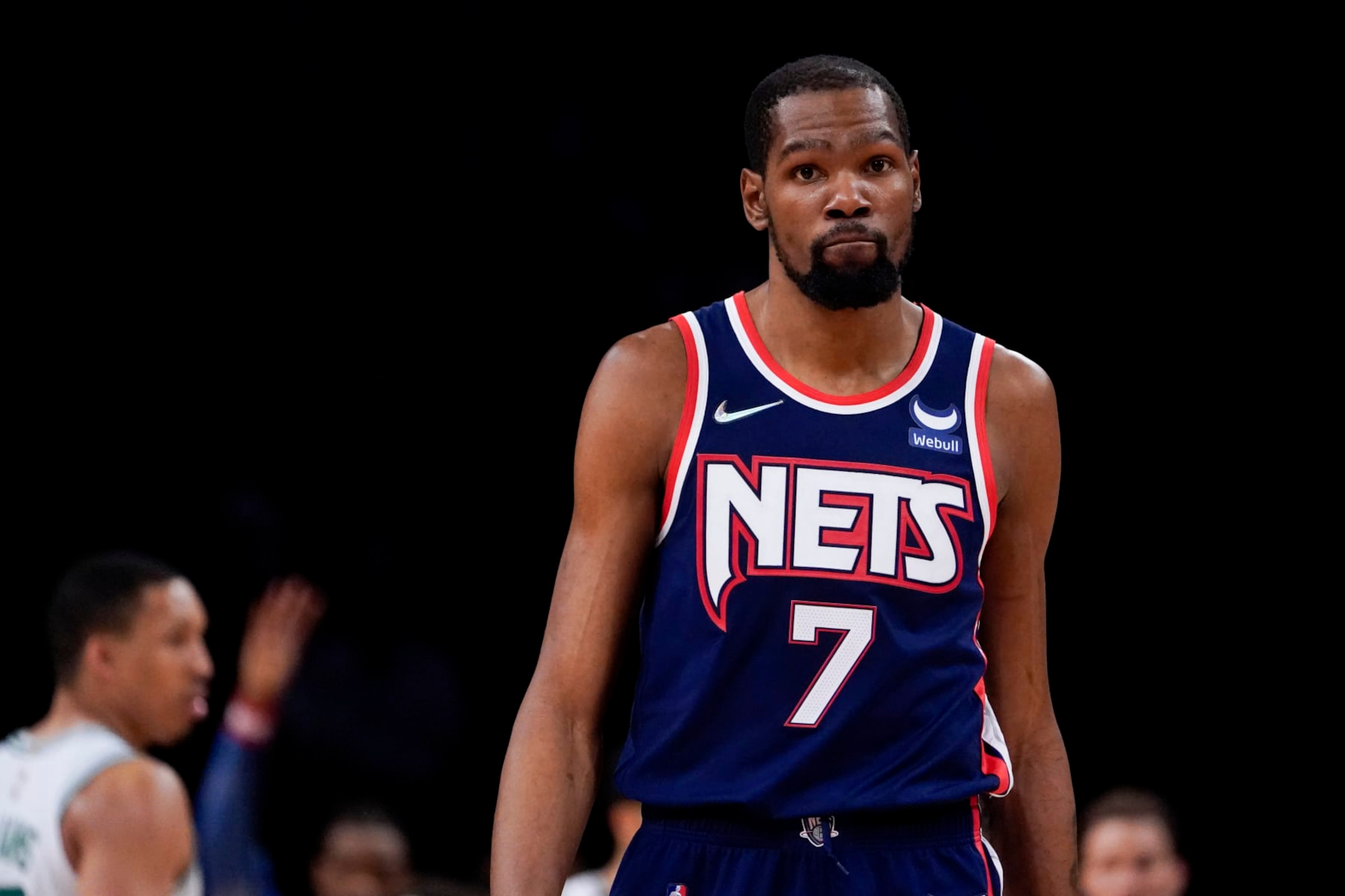 Brooklyn Nets forward Kevin Durant (7) reacts as his team trails during the second half of Game 4 of an NBA basketball first-round playoff series against the Boston Celtics, Monday, April 25, 2022, in New York. (AP Photo/John Minchillo) Brooklyn Nets forward Kevin Durant (7) reacts as his team trails during the second half of Game 4 of an NBA basketball first-round playoff series against the Boston Celtics, Monday, April 25, 2022, in New York. (AP Photo/John Minchillo)