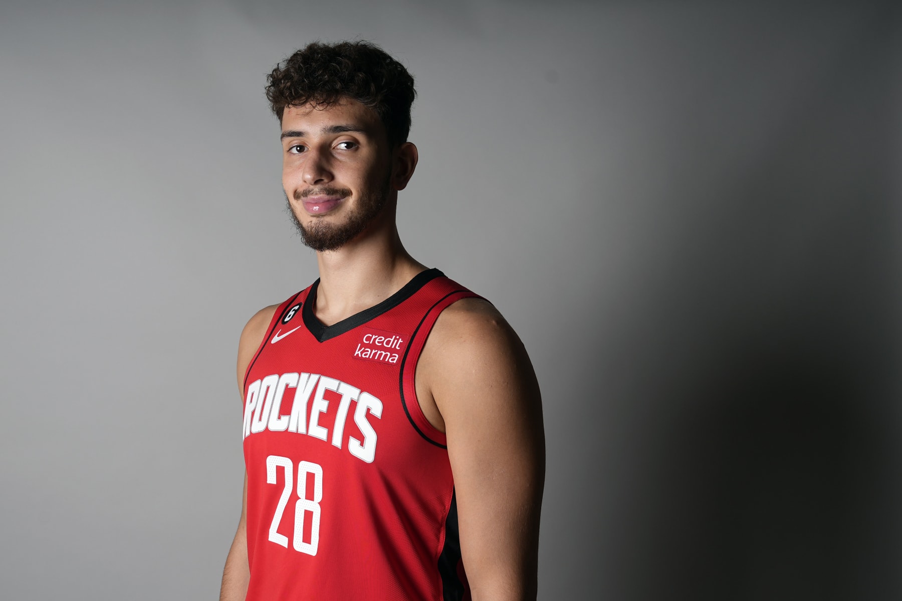 Houston Rockets' Alperen Sengun poses for a photograph during an NBA basketball media day Monday, Sept. 26, 2022, in Houston. (AP Photo/David J. Phillip)