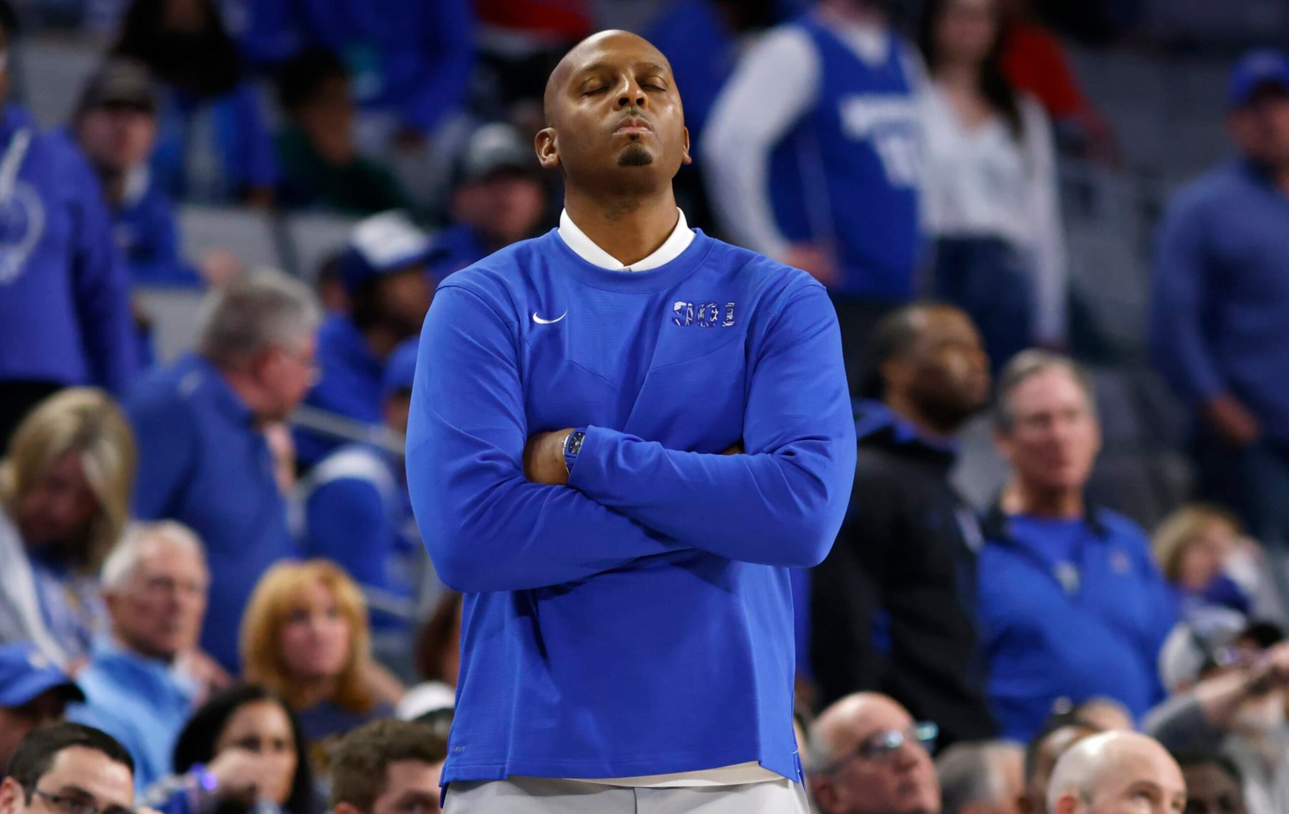 FORT WORTH, TX - MARCH 13: Head coach Penny Hardaway of the Memphis Tigers looks on Memphis plays the Houston Cougars in the first half of the American Athletic Conference Mens Basketball Tournament Championship at Dickies Arena on March 13, 2022 in Fort Worth, Texas. Houston defeated Memphis 71-53. (Photo by Ron Jenkins/Getty Images)
