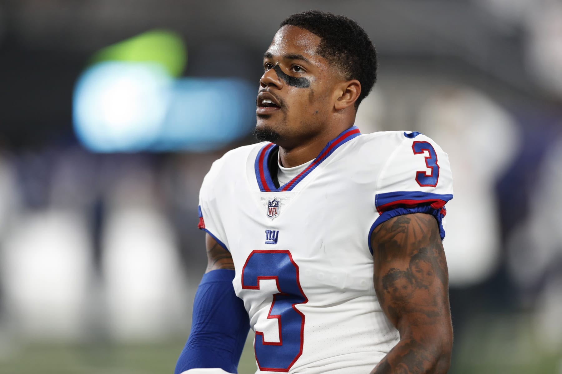 New York Giants wide receiver Sterling Shepard (3) warms up before an NFL football game against the Dallas Cowboys, Monday, Sept. 26, 2022, in East Rutherford, N.J. (AP Photo/Steve Luciano)