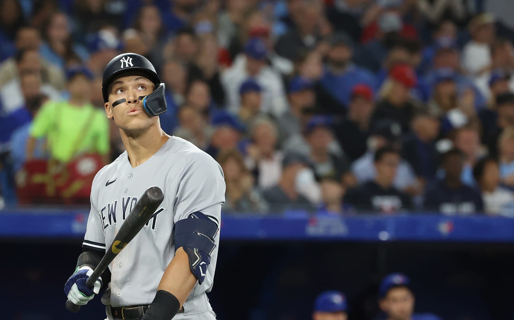 TORONTO, ON - SEPTEMBER 26  -  After striking out in the sixth inning New York Yankees center fielder Aaron Judge (99) spits out his gum and hits it with his bat as the Toronto Blue Jays play the New York Yankees  at Rogers Centre in Toronto. September 26, 2022.        (Steve Russell/Toronto Star via Getty Images)