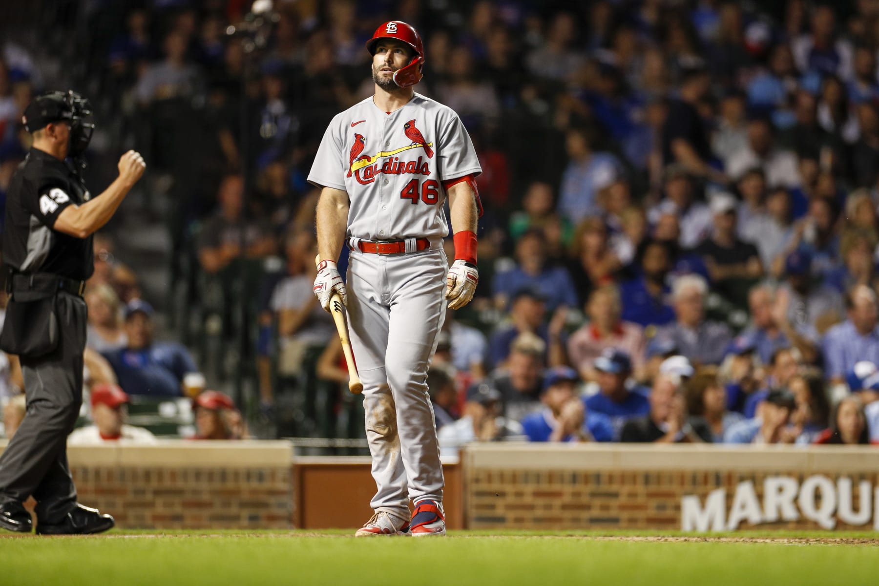 CHICAGO, IL - AUGUST 23: St. Louis Cardinals first baseman Paul Goldschmidt (46) reacts after striking out during game 2 of a doubleheader between the St. Louis Cardinals and Chicago Cubs on August 23, 2022, at Wrigley Field in Chicago, IL. (Photo by Brandon Sloter/Icon Sportswire via Getty Images)