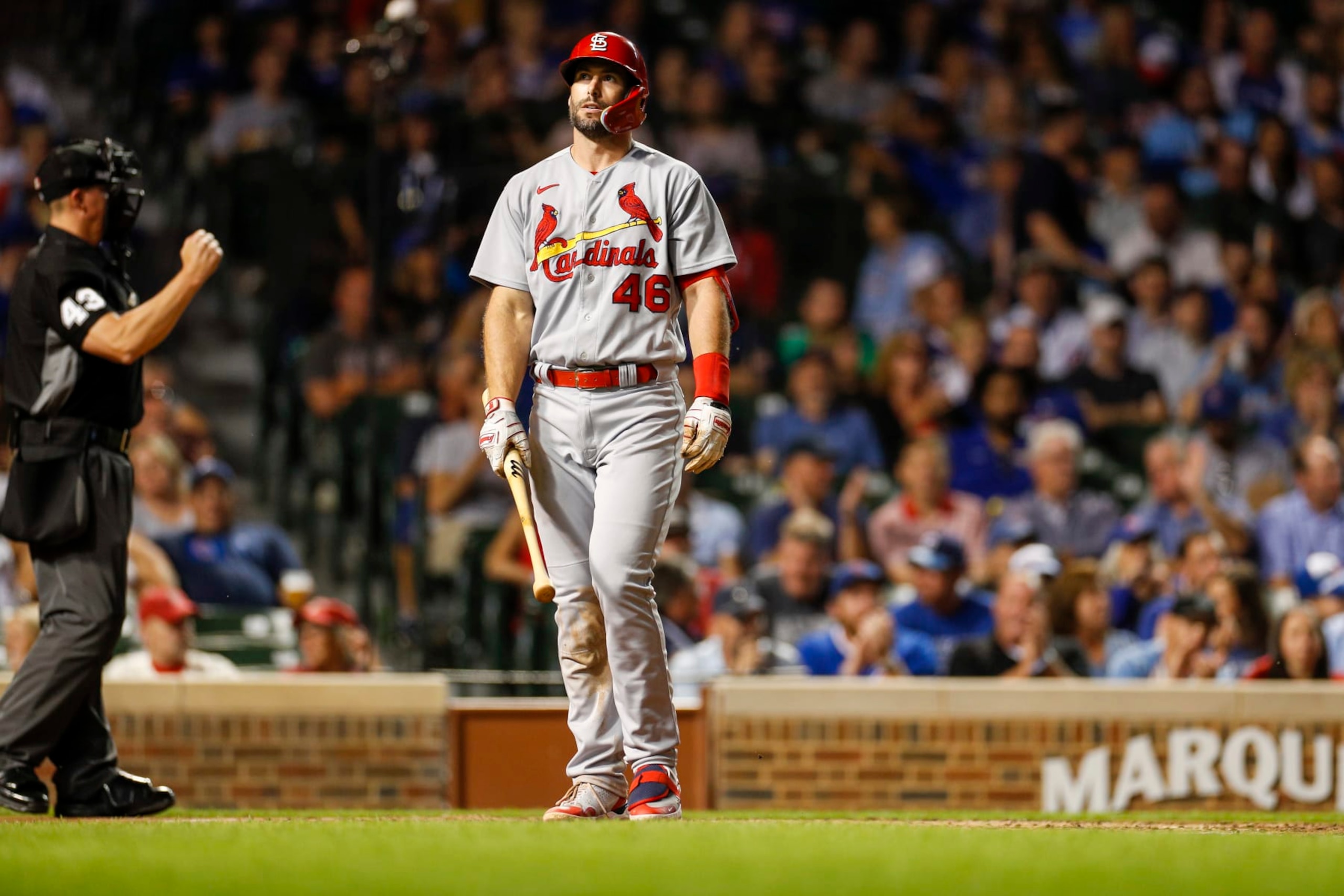 CHICAGO, IL - AUGUST 23: St. Louis Cardinals first baseman Paul Goldschmidt (46) reacts after striking out during game 2 of a doubleheader between the St. Louis Cardinals and Chicago Cubs on August 23, 2022, at Wrigley Field in Chicago, IL. (Photo by Brandon Sloter/Icon Sportswire via Getty Images)
