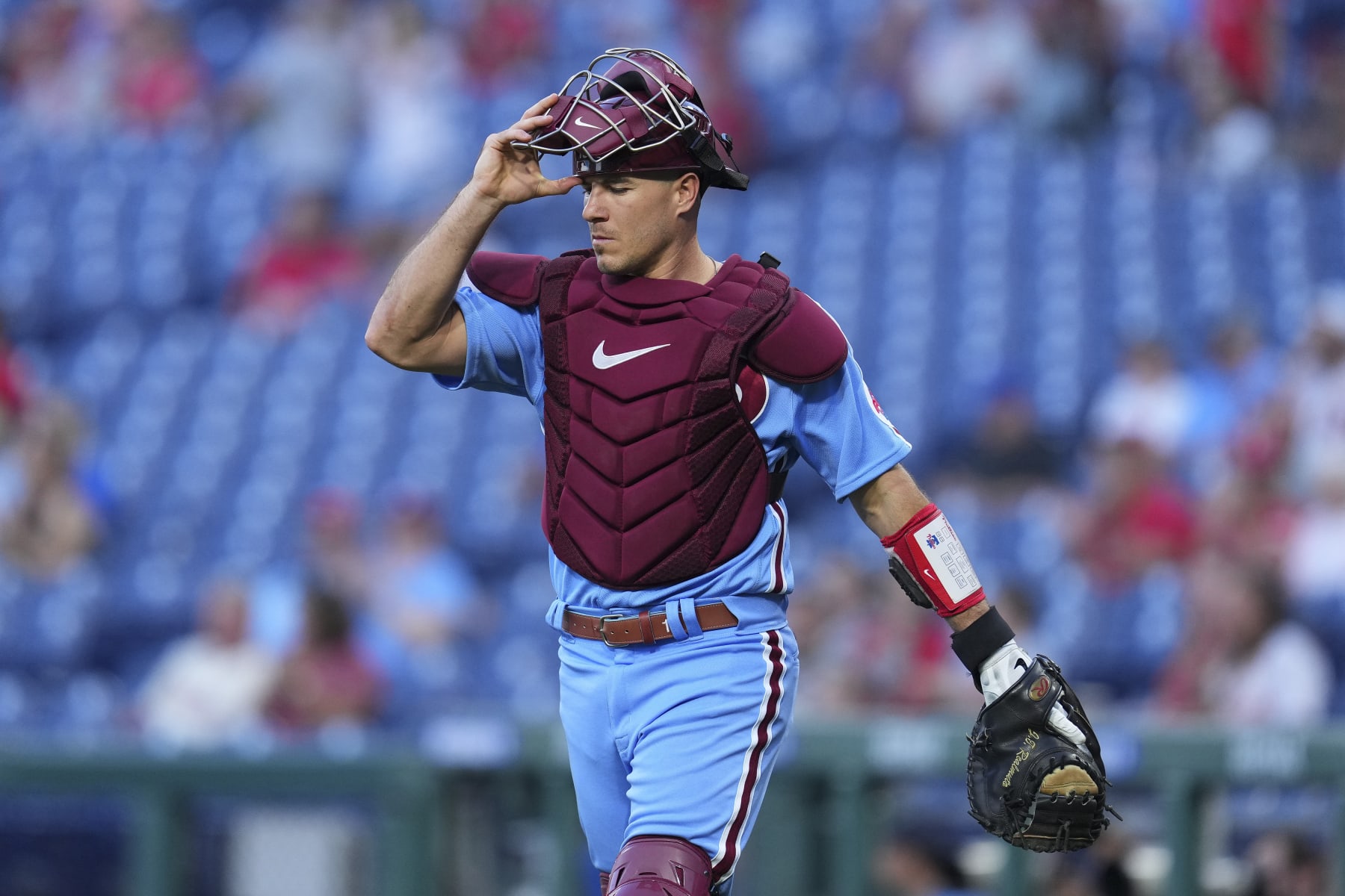 PHILADELPHIA, PA - SEPTEMBER 08: J.T. Realmuto #10 of the Philadelphia Phillies looks on against the Miami Marlins at Citizens Bank Park on September 8, 2022 in Philadelphia, Pennsylvania. The Marlins defeated the Phillies 6-5. (Photo by Mitchell Leff/Getty Images)