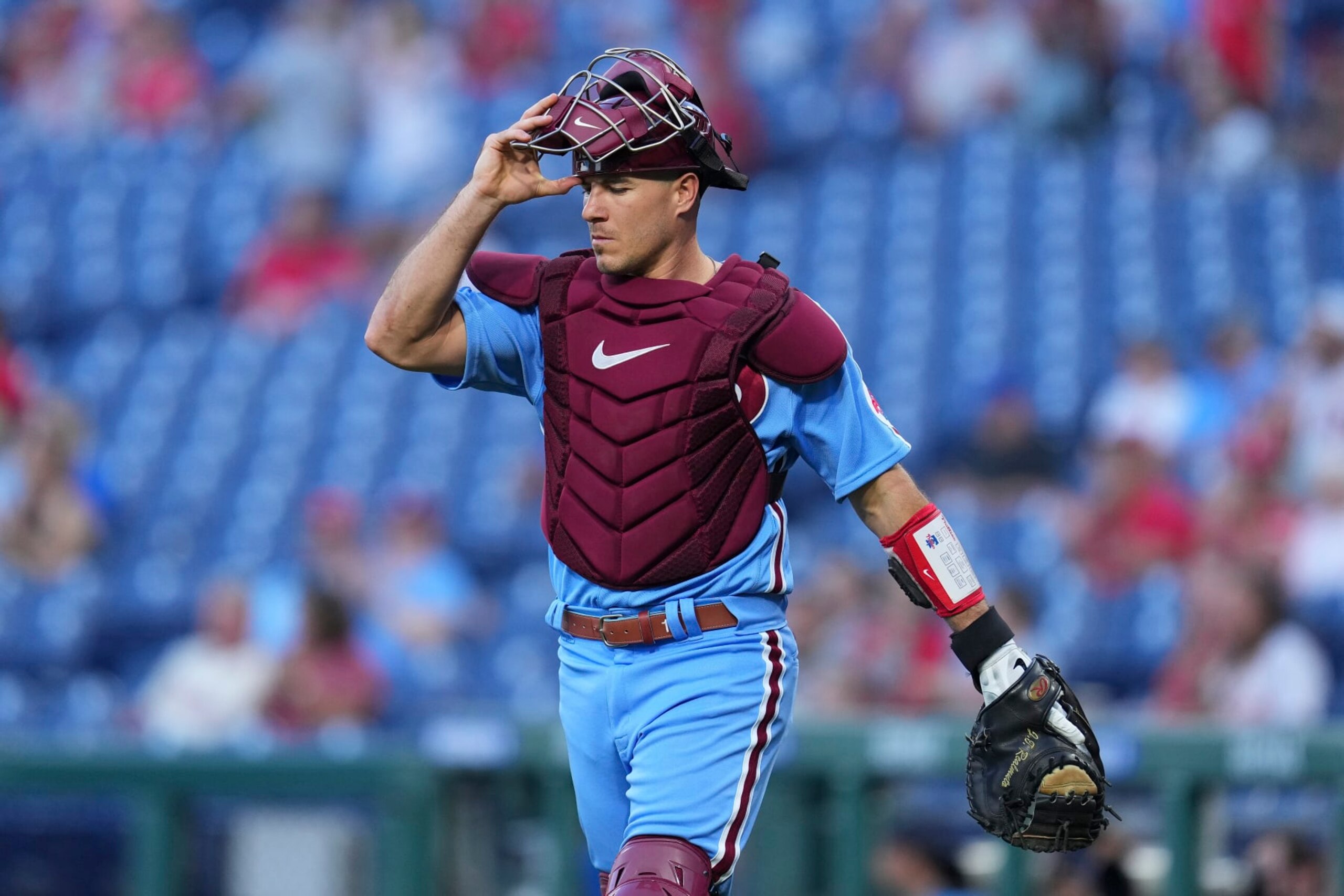 PHILADELPHIA, PA - SEPTEMBER 08: J.T. Realmuto #10 of the Philadelphia Phillies looks on against the Miami Marlins at Citizens Bank Park on September 8, 2022 in Philadelphia, Pennsylvania. The Marlins defeated the Phillies 6-5. (Photo by Mitchell Leff/Getty Images)