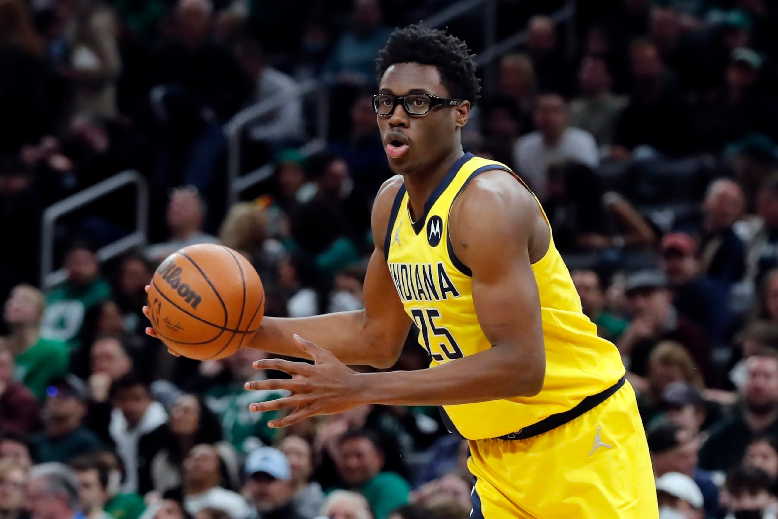 Indiana Pacers' Jalen Smith plays against the Boston Celtics during the second half of an NBA basketball game, Friday, April 1, 2022, in Boston. (AP Photo/Michael Dwyer)