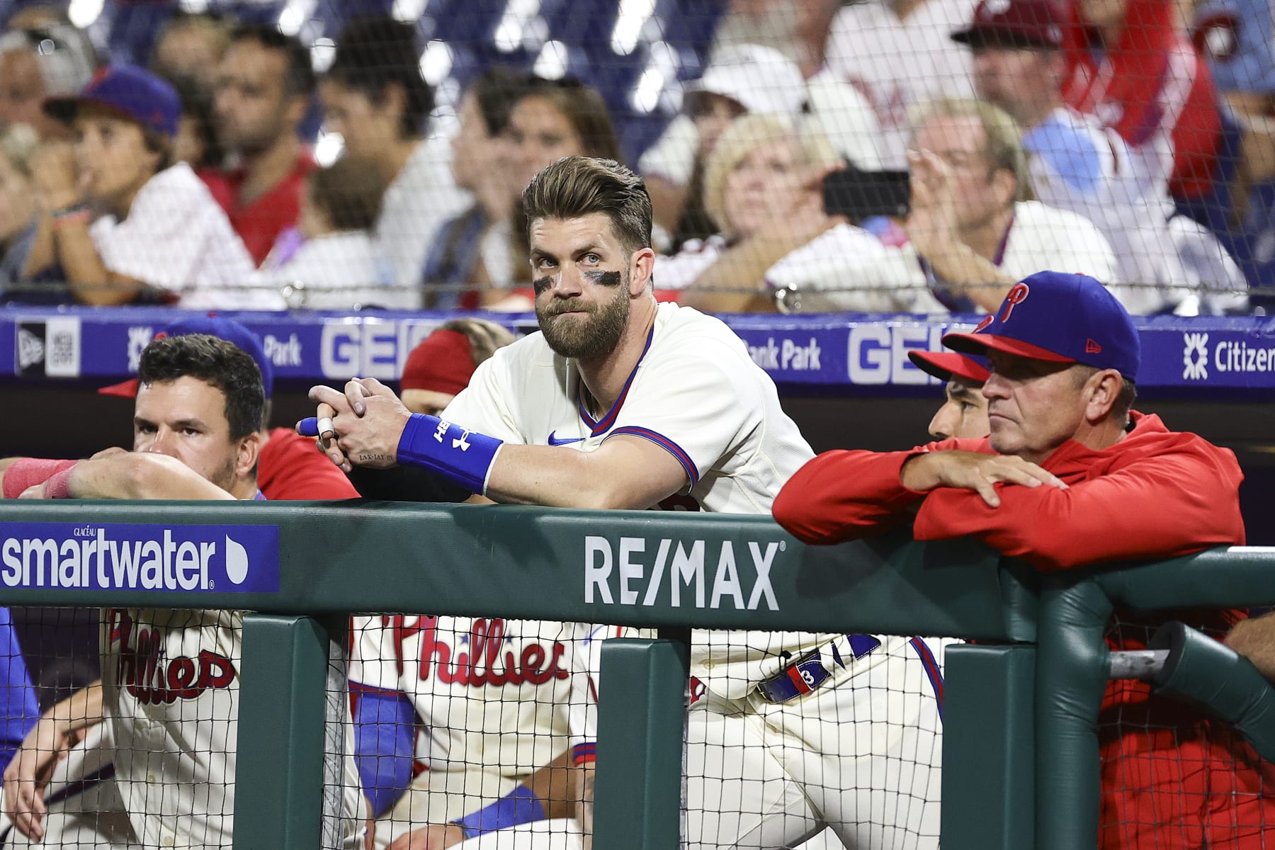 PHILADELPHIA, PENNSYLVANIA - SEPTEMBER 25: Bryce Harper #3 of the Philadelphia Phillies looks on during the eleventh inning against the Atlanta Braves at Citizens Bank Park on September 25, 2022 in Philadelphia, Pennsylvania. (Photo by Tim Nwachukwu/Getty Images)