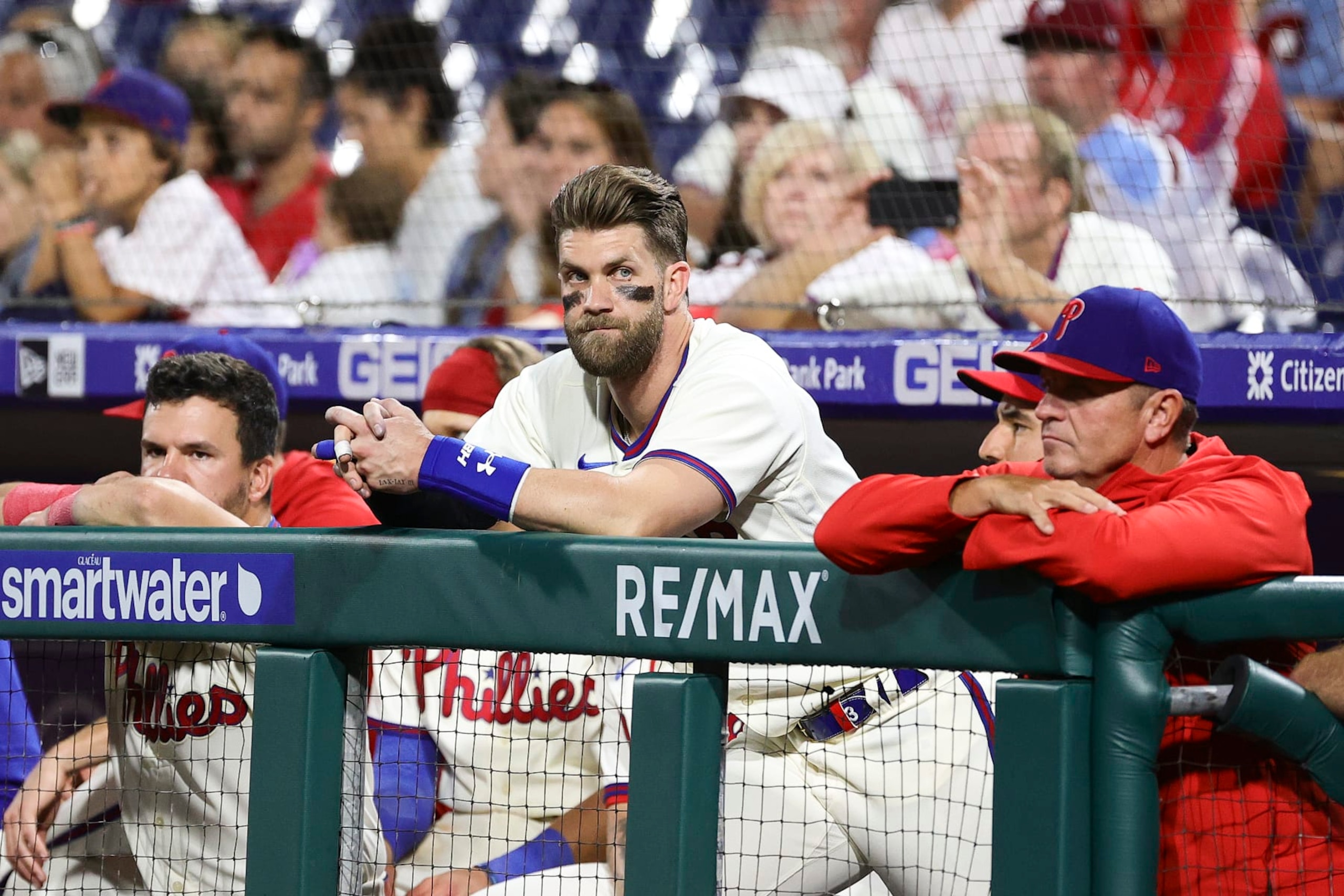 PHILADELPHIA, PENNSYLVANIA - SEPTEMBER 25: Bryce Harper #3 of the Philadelphia Phillies looks on during the eleventh inning against the Atlanta Braves at Citizens Bank Park on September 25, 2022 in Philadelphia, Pennsylvania. (Photo by Tim Nwachukwu/Getty Images)
