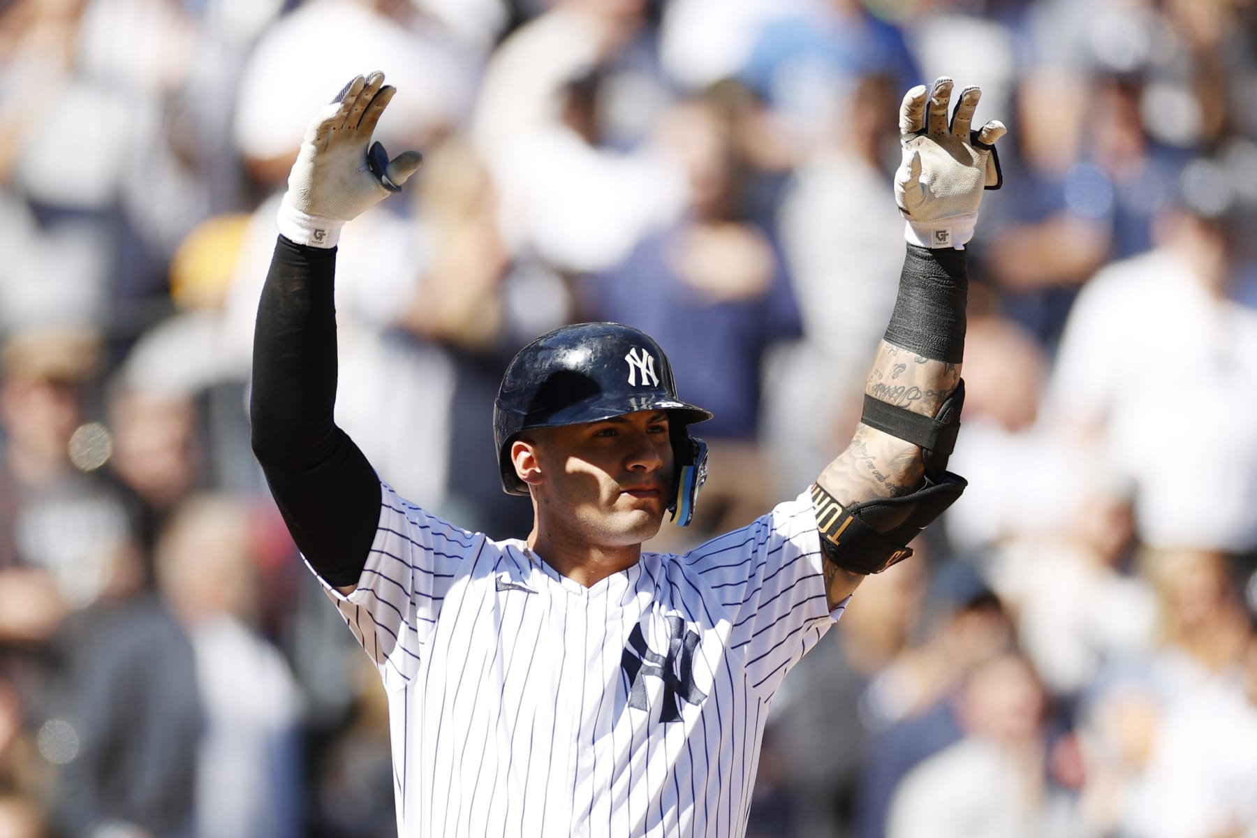 NEW YORK, NEW YORK - SEPTEMBER 24: Gleyber Torres #25 of the New York Yankees reacts after hitting a solo home run during the first inning against the Boston Red Sox at Yankee Stadium on September 24, 2022 in the Bronx borough of New York City. (Photo by Sarah Stier/Getty Images)