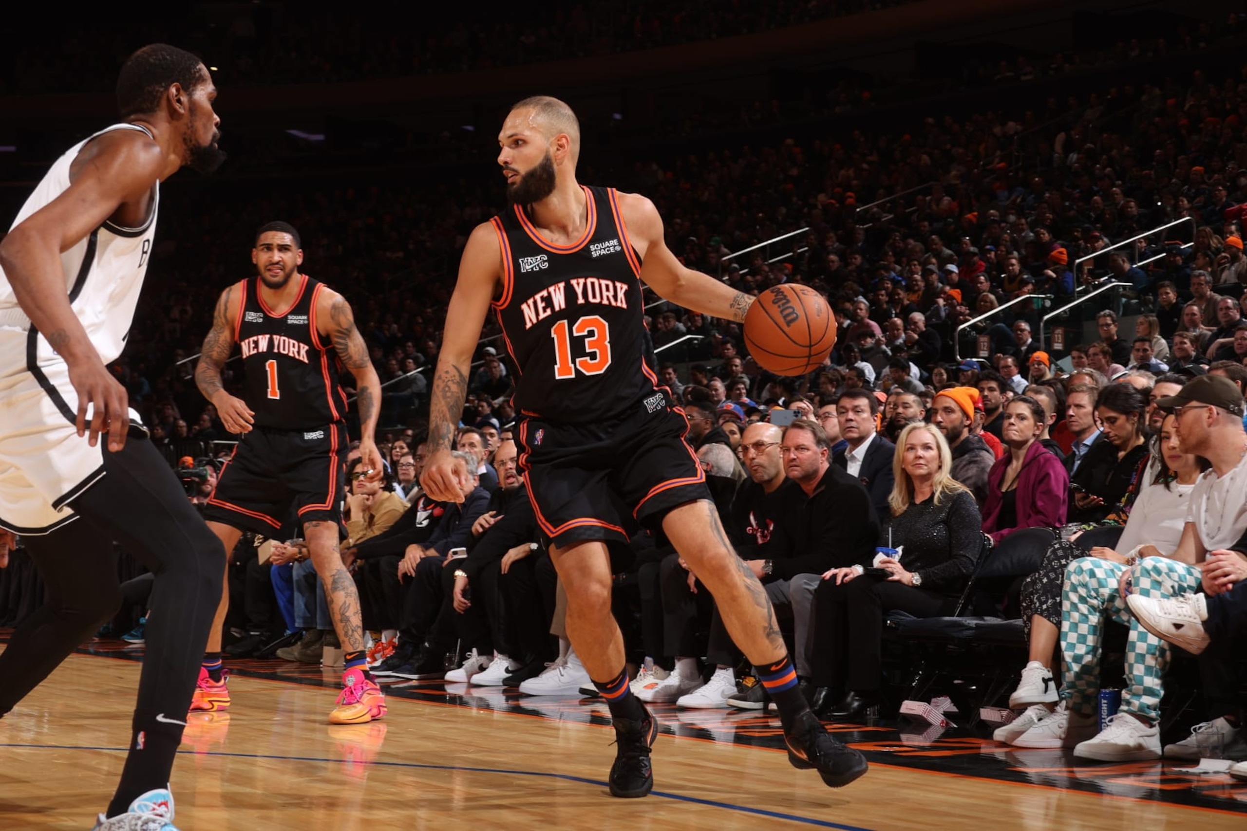 NEW YORK, NY - APRIL 6: Evan Fournier #13 of the New York Knicks dribbles the ball during the game against the Brooklyn Nets on April 6, 2022 at Madison Square Garden in New York City, New York.  NOTE TO USER: User expressly acknowledges and agrees that, by downloading and or using this photograph, User is consenting to the terms and conditions of the Getty Images License Agreement. Mandatory Copyright Notice: Copyright 2022 NBAE  (Photo by Nathaniel S. Butler/NBAE via Getty Images)