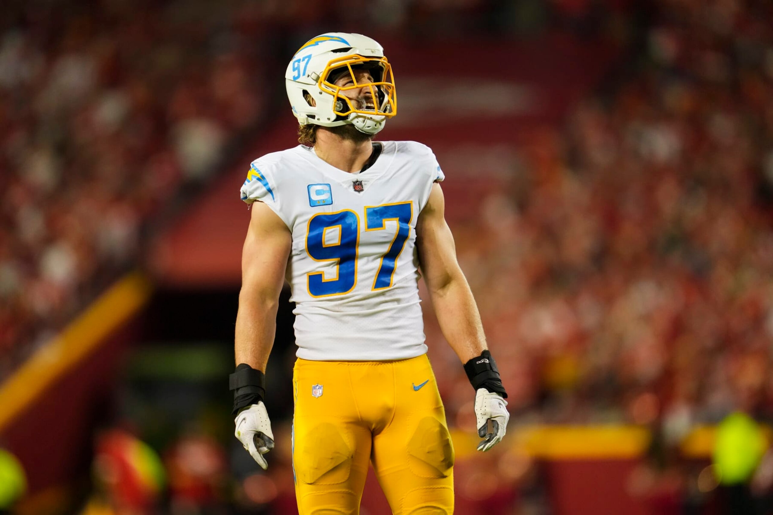 KANSAS CITY, MO - SEPTEMBER 15: Joey Bosa #97 of the Los Angeles Chargers looks up at the scoreboard against the Kansas City Chiefs at GEHA Field at Arrowhead Stadium on September 15, 2022 in Kansas City, Missouri. (Photo by Cooper Neill/Getty Images)