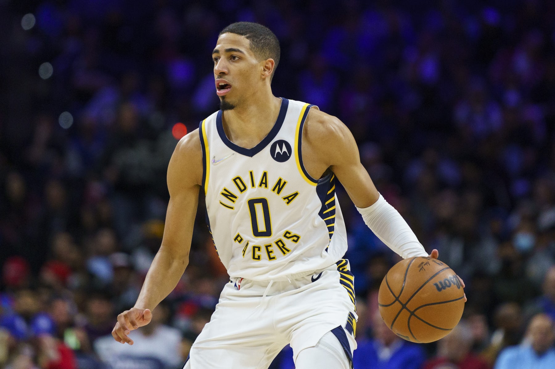 Indiana Pacers' Tyrese Haliburton in action during an NBA basketball game against the Philadelphia 76ers, Saturday, April 9, 2022, in Philadelphia. The 76ers won 133-120. (AP Photo/Chris Szagola)