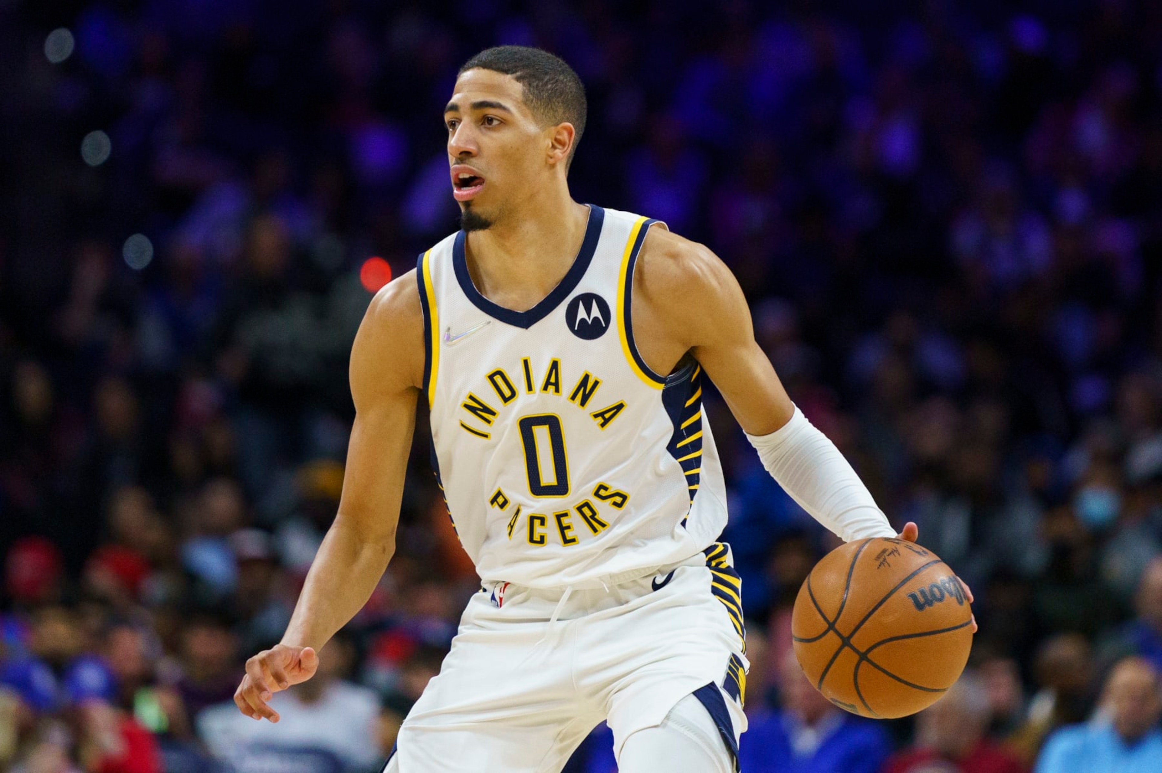Indiana Pacers' Tyrese Haliburton in action during an NBA basketball game against the Philadelphia 76ers, Saturday, April 9, 2022, in Philadelphia. The 76ers won 133-120. (AP Photo/Chris Szagola) Indiana Pacers' Tyrese Haliburton in action during an NBA basketball game against the Philadelphia 76ers, Saturday, April 9, 2022, in Philadelphia. The 76ers won 133-120. (AP Photo/Chris Szagola)