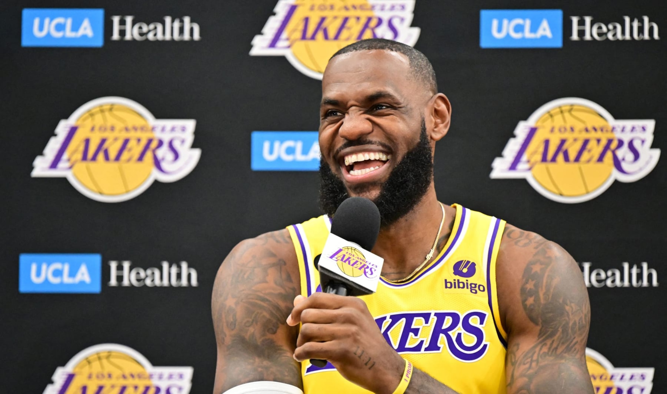 Los Angeles Lakers LeBron James reacts to questions from members of the press during the Lakers media day in El Segundo, California, on September 26, 2022. (Photo by Frederic J. BROWN / AFP) (Photo by FREDERIC J. BROWN/AFP via Getty Images)