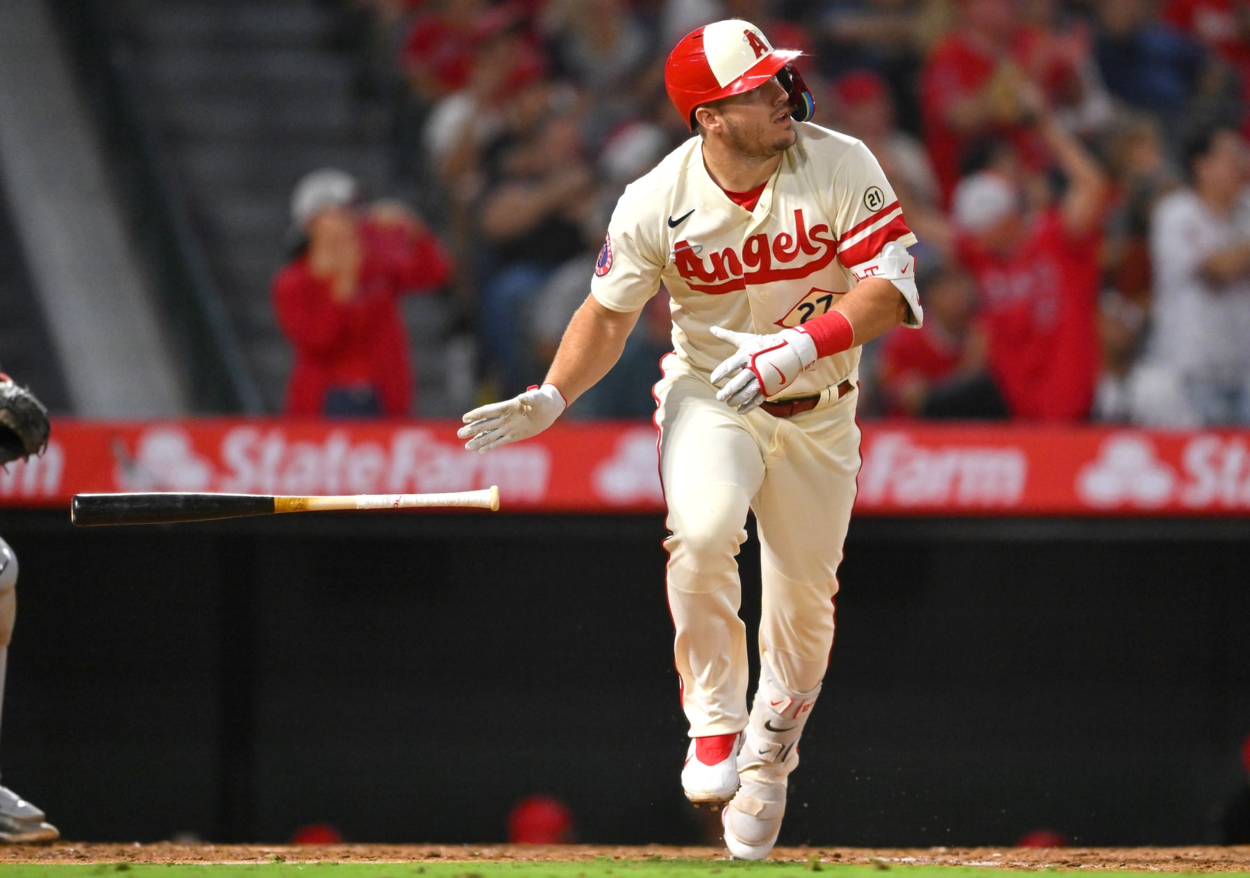 ANAHEIM, CA - SEPTEMBER 16: Mike Trout #27 of the Los Angeles Angels watches the flight of the ball on a solo home run in the fifth inning against the Seattle Mariners at Angel Stadium of Anaheim on September 16, 2022 in Anaheim, California. (Photo by Jayne Kamin-Oncea/Getty Images)