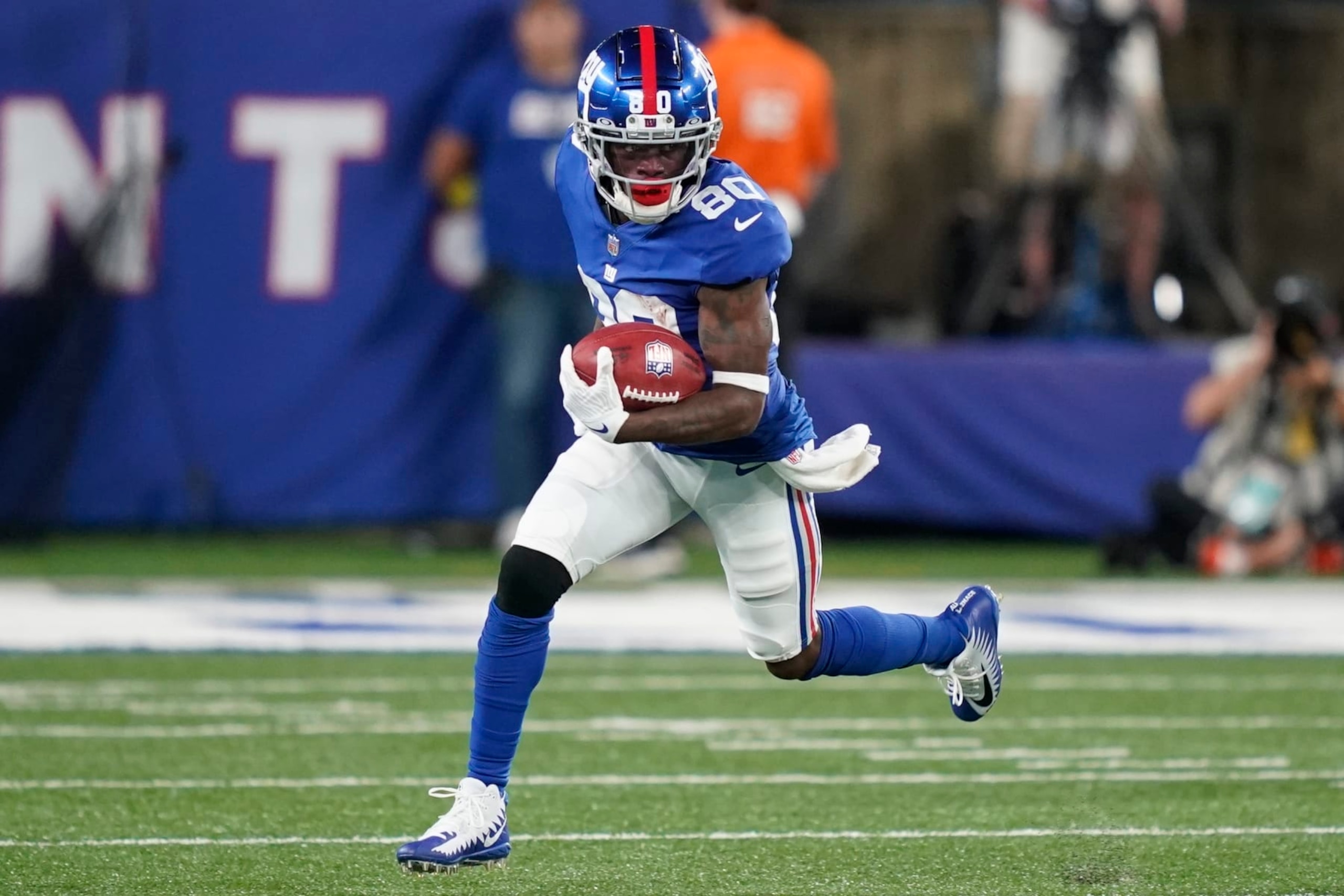 New York Giants' Richie James (80) during the first half of a preseason NFL football game against the Cincinnati Bengals Sunday, Aug. 21, 2022, in East Rutherford, N.J. (AP Photo/John Minchillo)
