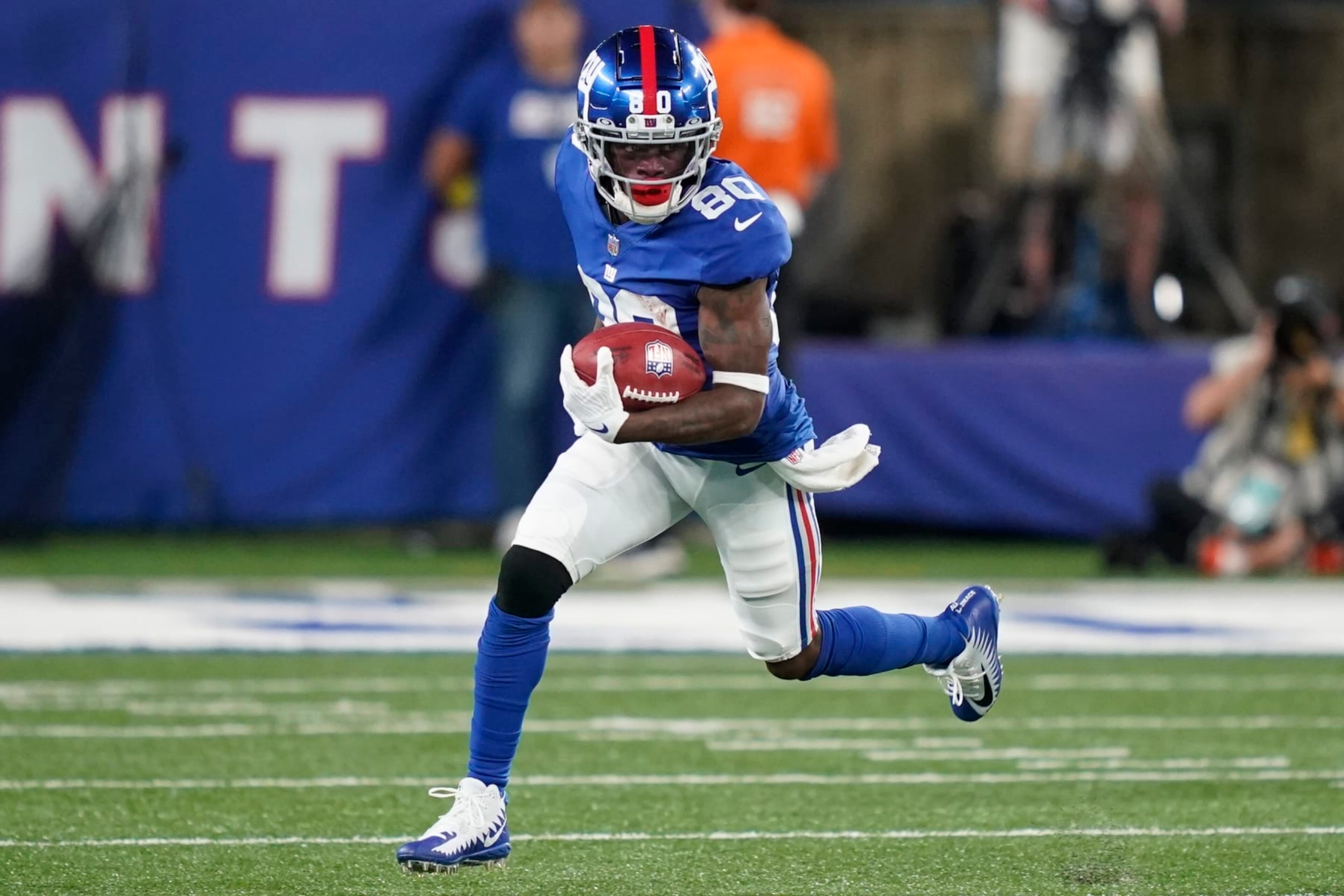 New York Giants' Richie James (80) during the first half of a preseason NFL football game against the Cincinnati Bengals Sunday, Aug. 21, 2022, in East Rutherford, N.J. (AP Photo/John Minchillo)