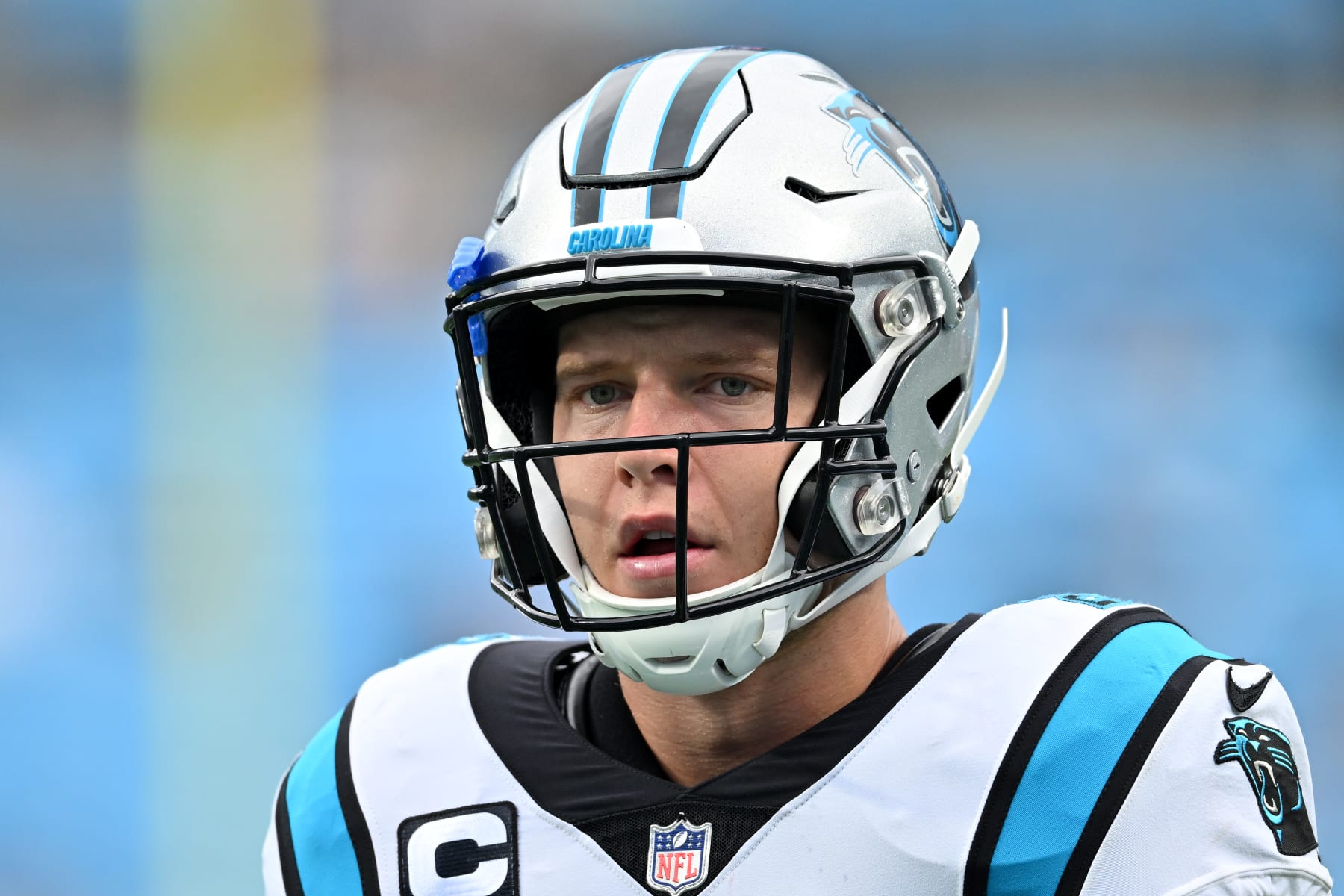 CHARLOTTE, NORTH CAROLINA - SEPTEMBER 25: Christian McCaffrey #22 of the Carolina Panthers looks on during warmups before the game against the New Orleans Saints at Bank of America Stadium on September 25, 2022 in Charlotte, North Carolina. (Photo by Grant Halverson/Getty Images)