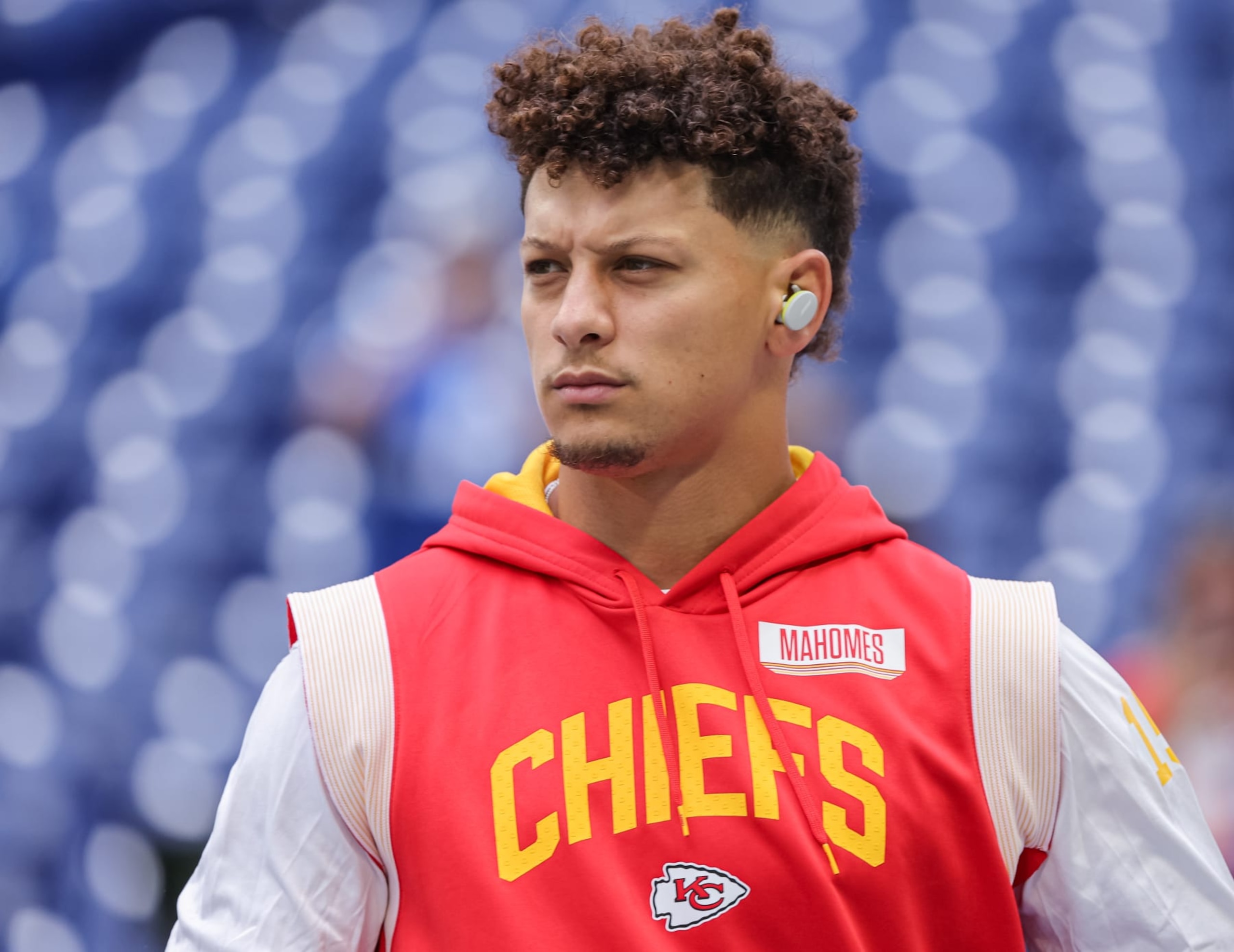INDIANAPOLIS, IN - SEPTEMBER 25: Patrick Mahomes #15 of the Kansas City Chiefs is seen before the game against the Indianapolis Colts at Lucas Oil Stadium on September 25, 2022 in Indianapolis, Indiana. (Photo by Michael Hickey/Getty Images)