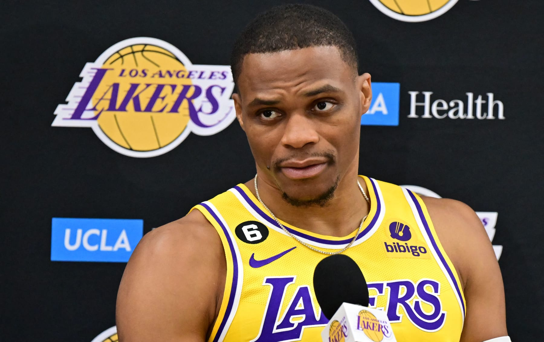 Los Angeles Lakers Russell Westbrook speaks to members of the press during the Los Angeles Lakers media day in El Segundo, California, on September 26, 2022. (Photo by Frederic J. BROWN / AFP) (Photo by FREDERIC J. BROWN/AFP via Getty Images)