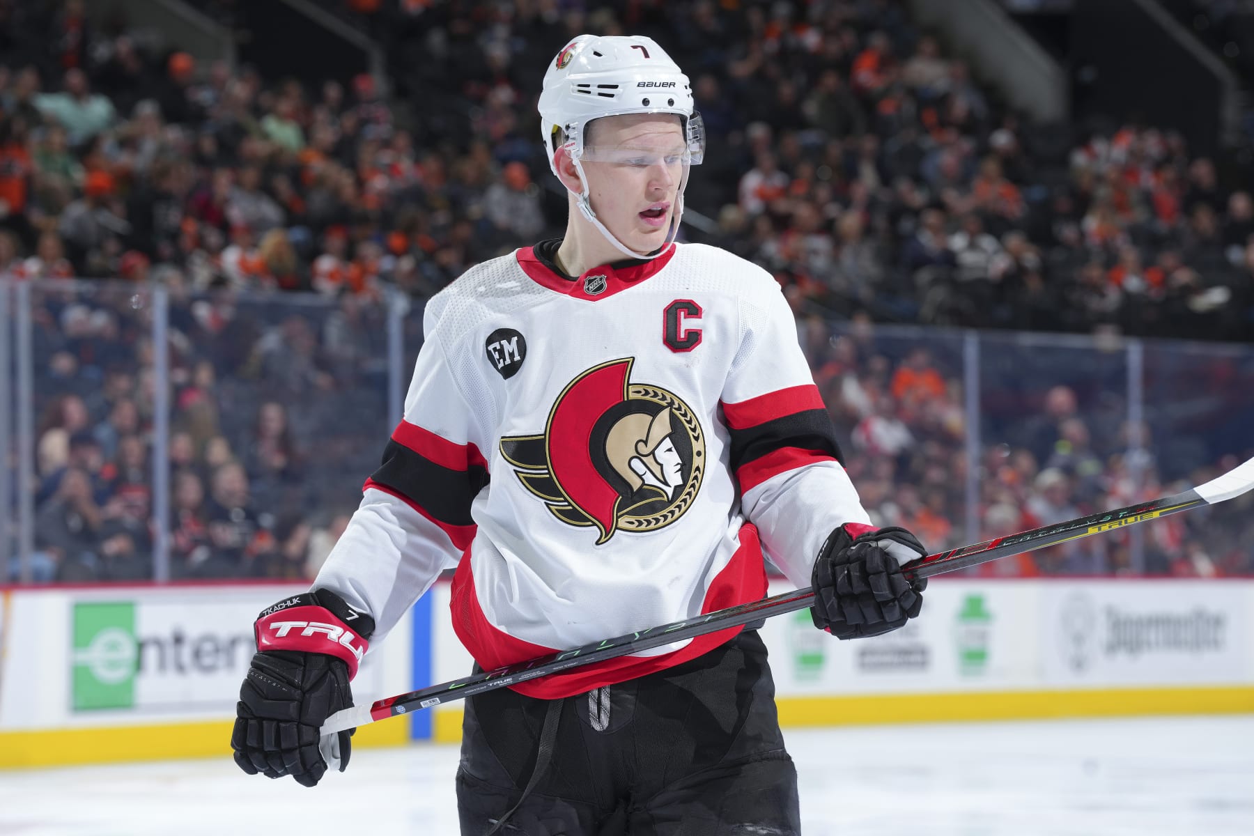 PHILADELPHIA, PA - APRIL 29: Brady Tkachuk #7 of the Ottawa Senators looks on against the Philadelphia Flyers at the Wells Fargo Center on April 29, 2022 in Philadelphia, Pennsylvania. (Photo by Mitchell Leff/Getty Images)