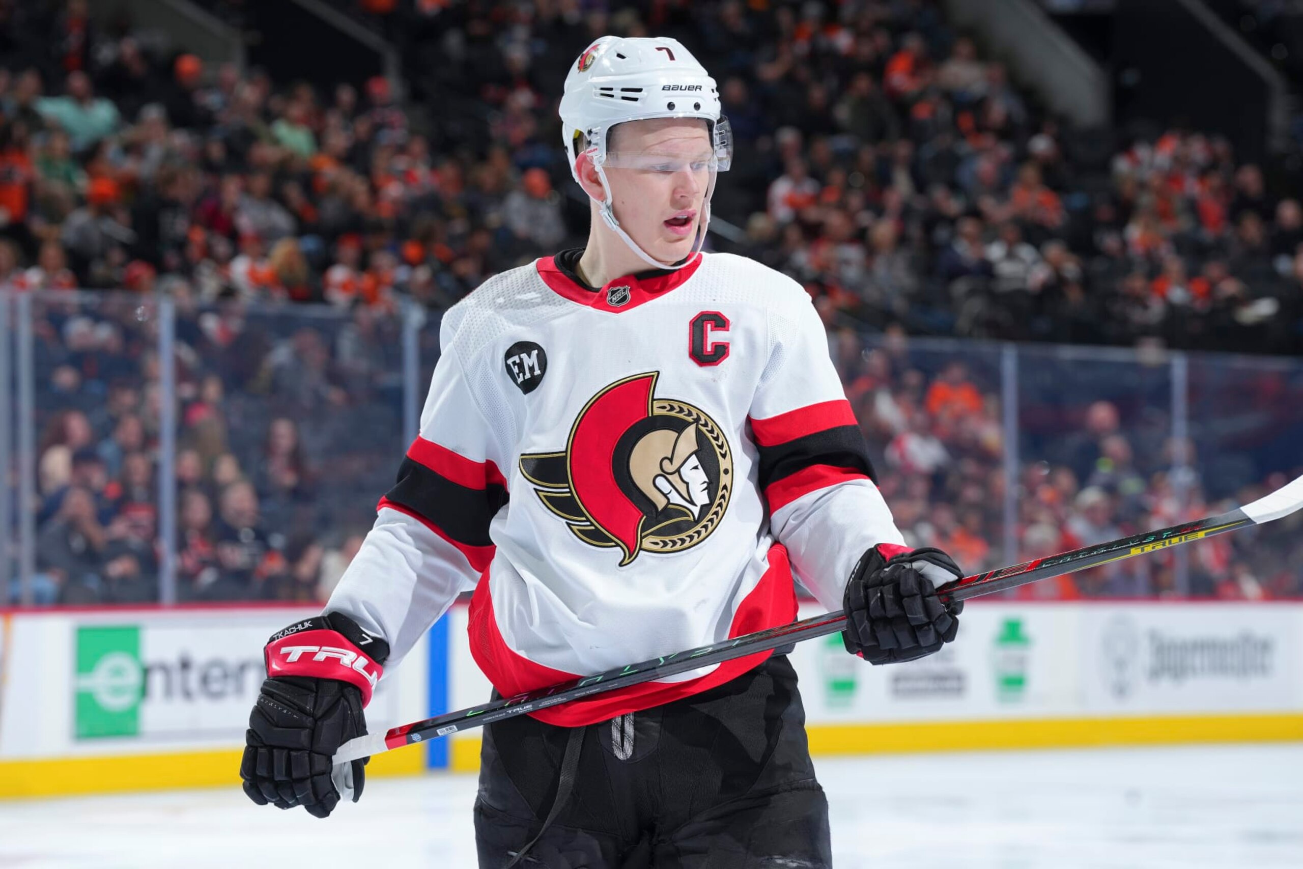 PHILADELPHIA, PA - APRIL 29: Brady Tkachuk #7 of the Ottawa Senators looks on against the Philadelphia Flyers at the Wells Fargo Center on April 29, 2022 in Philadelphia, Pennsylvania. (Photo by Mitchell Leff/Getty Images)