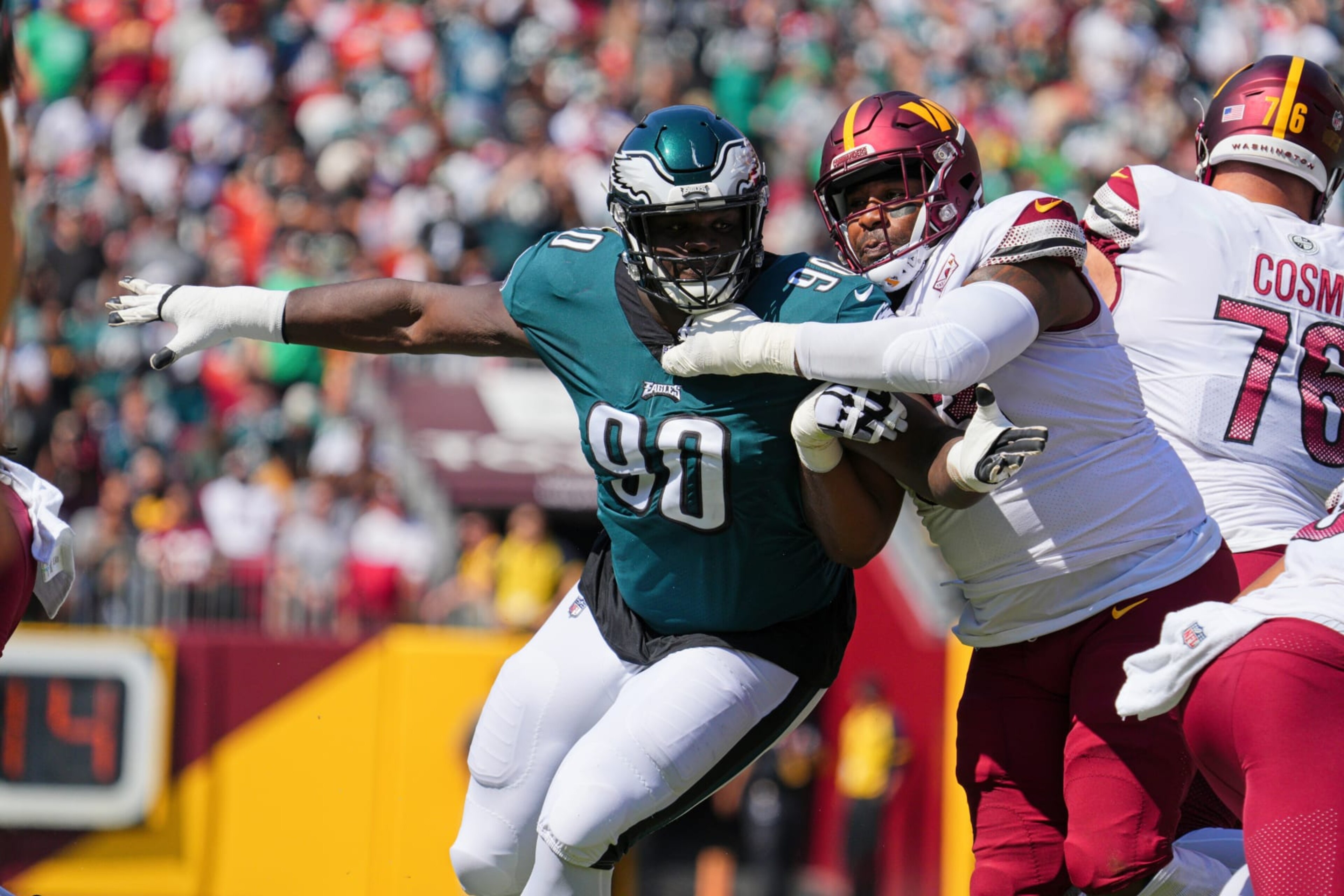 LANDOVER, MD - SEPTEMBER 25: Philadelphia Eagles defensive tackle Jordan Davis (90) rushes during the game between the Philadelphia Eagles and the Washington Commanders on September 25, 2022 at Fedex Field in Landover, MD. (Photo by Andy Lewis/Icon Sportswire via Getty Images) LANDOVER, MD - SEPTEMBER 25: Philadelphia Eagles defensive tackle Jordan Davis (90) rushes during the game between the Philadelphia Eagles and the Washington Commanders on September 25, 2022 at Fedex Field in Landover, MD. (Photo by Andy Lewis/Icon Sportswire via Getty Images)