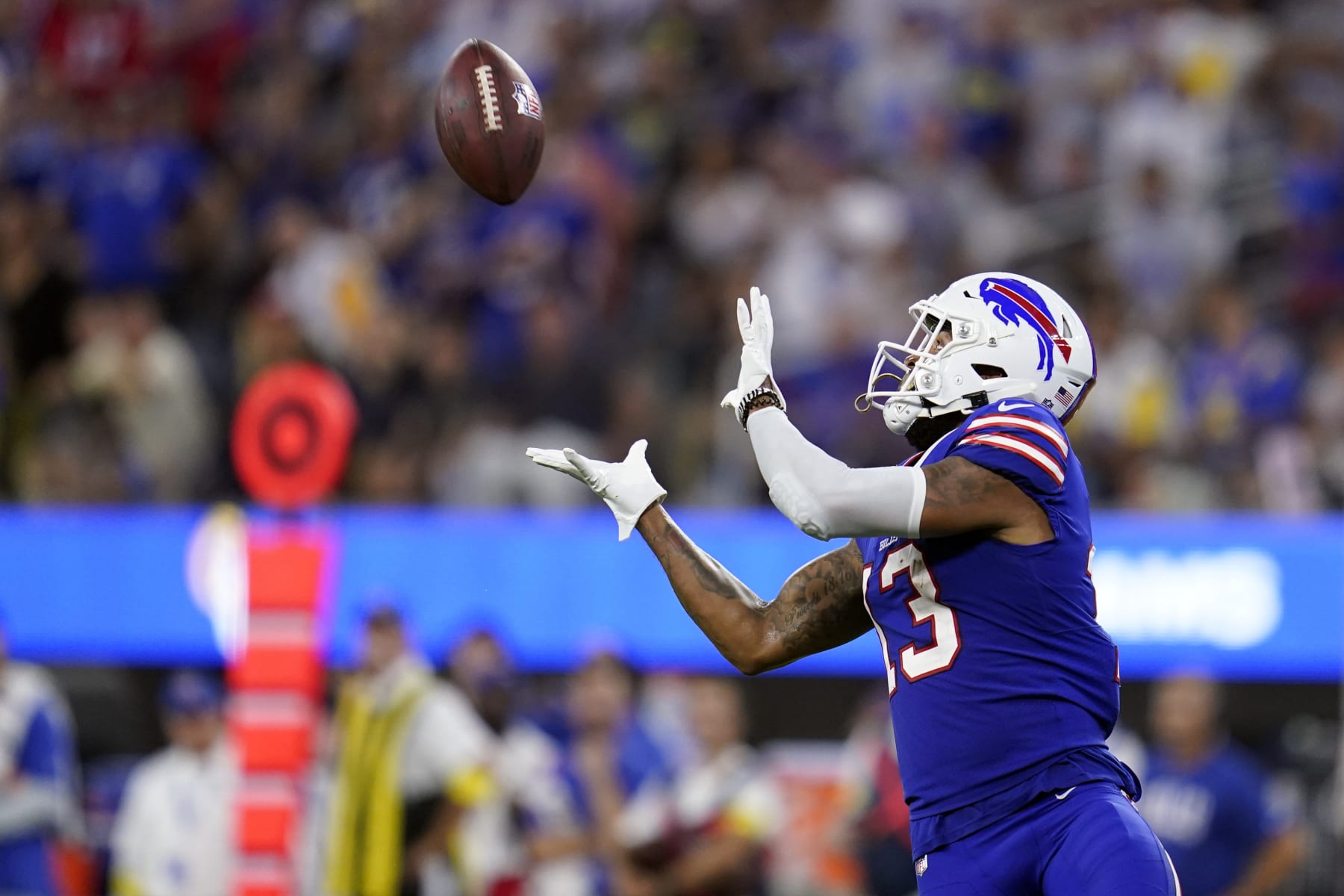 Buffalo Bills wide receiver Gabe Davis (13) makes a catch during the second half of an NFL football game against the Los Angeles Rams Thursday, Sept. 8, 2022, in Inglewood, Calif. (AP Photo/Ashley Landis)