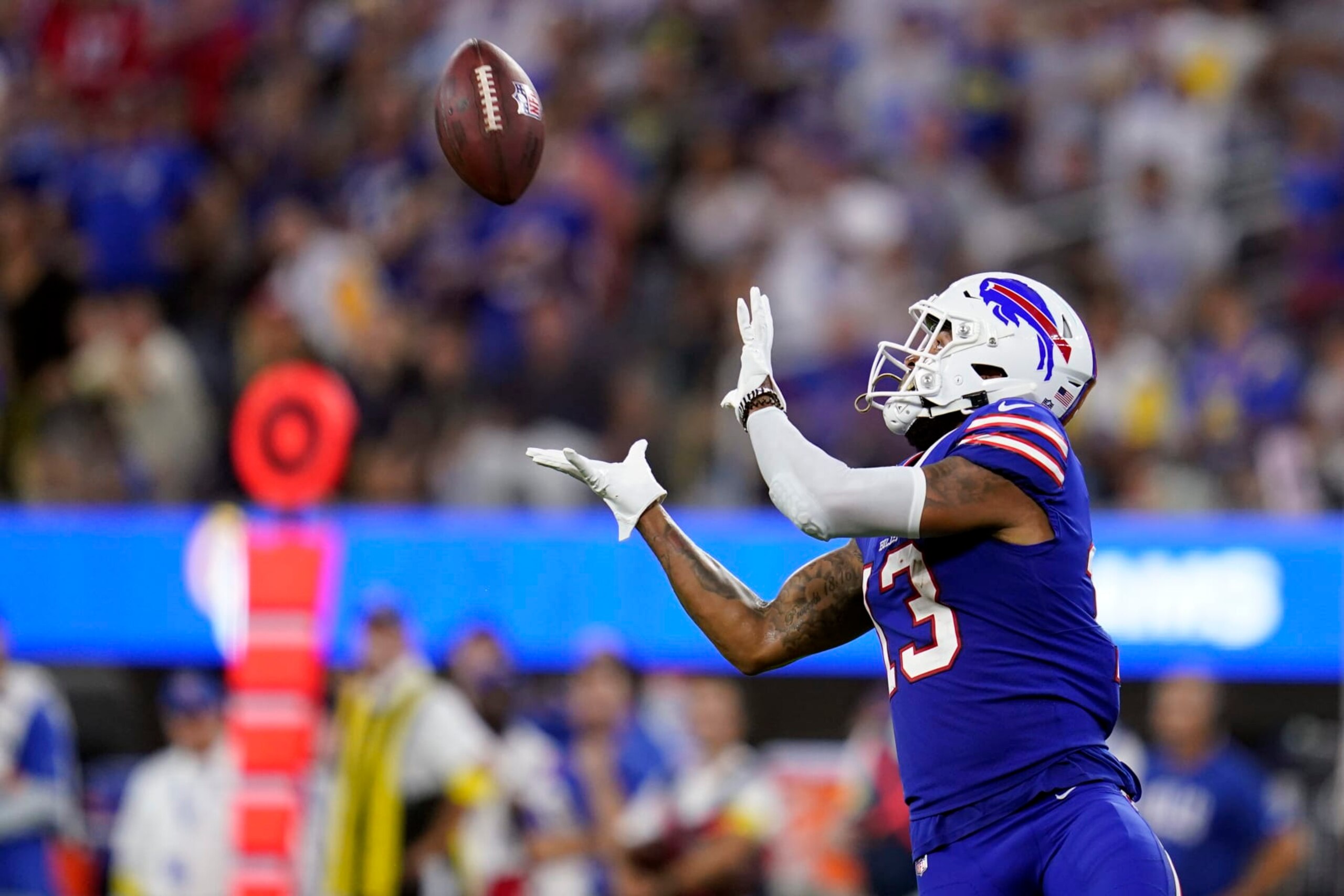 Buffalo Bills wide receiver Gabe Davis (13) makes a catch during the second half of an NFL football game against the Los Angeles Rams Thursday, Sept. 8, 2022, in Inglewood, Calif. (AP Photo/Ashley Landis)