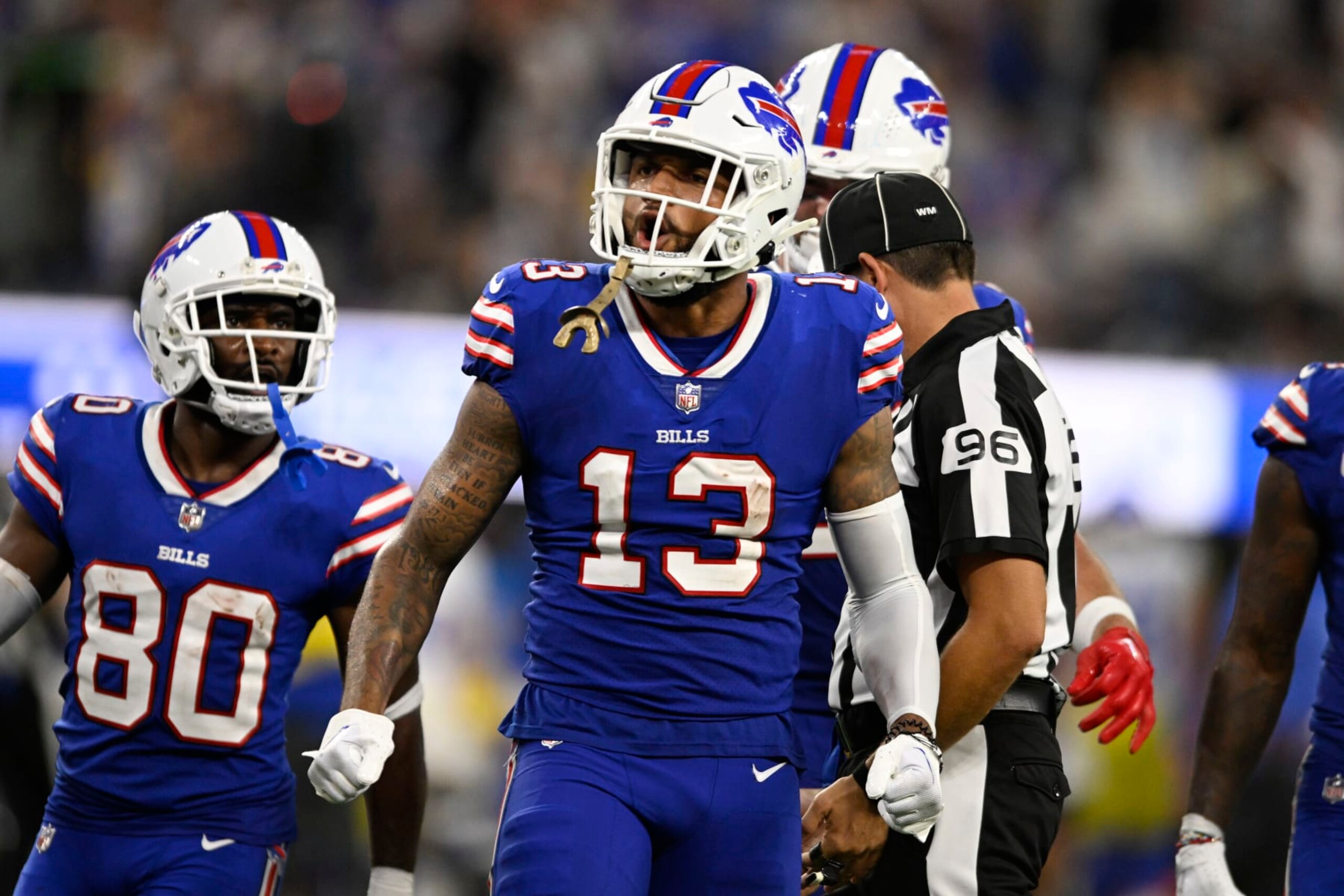 Buffalo Bills wide receiver Gabe Davis (13) celebrates after making a catch during the second half of an NFL football game against the Los Angeles Rams Sept. 8, 2022, in Inglewood, Calif. (AP Photo/Denis Poroy)