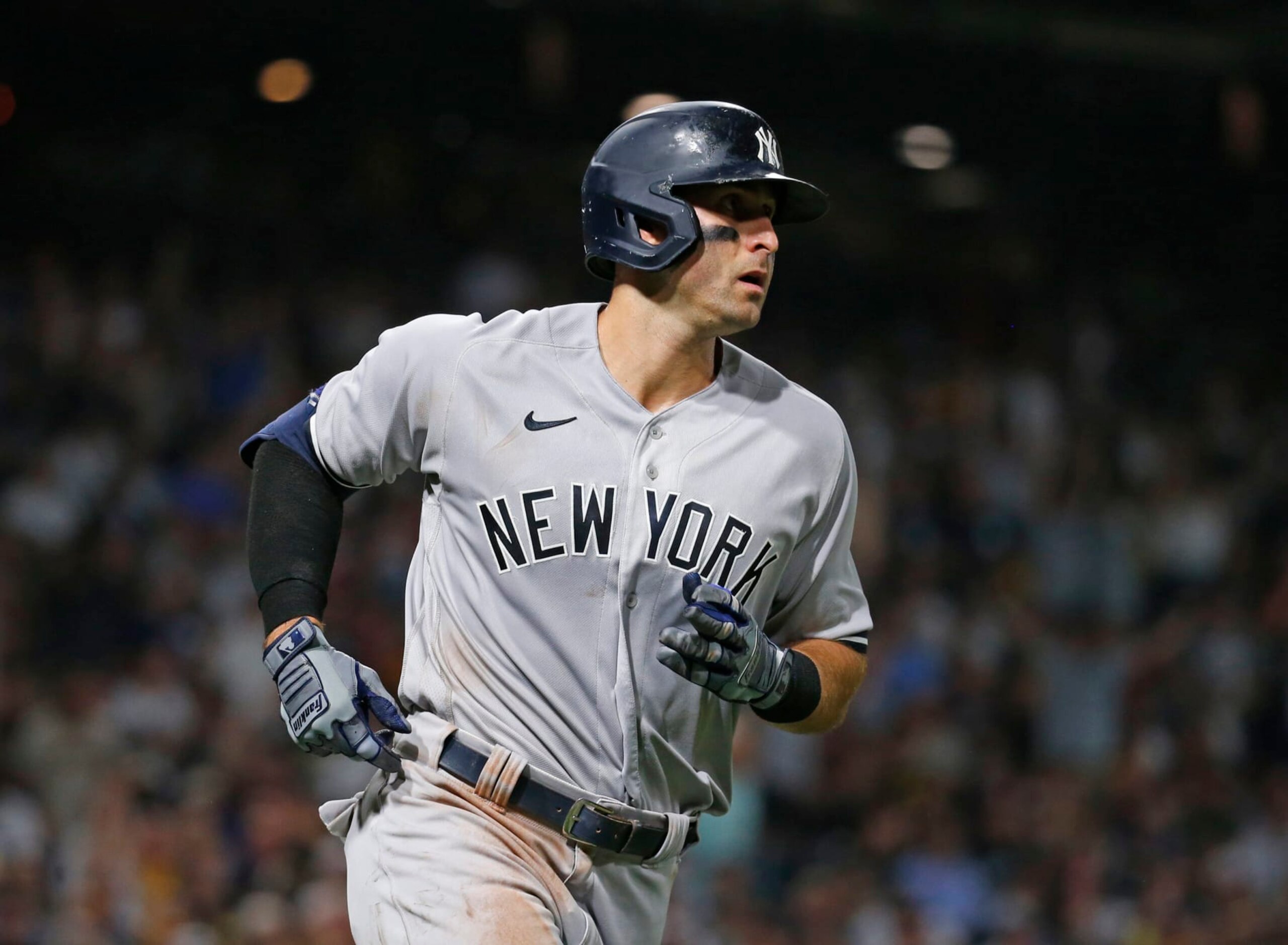 PITTSBURGH, PA - JULY 06:  Joey Gallo #13 of the New York Yankees hits  a home run in the sixth inning against the Pittsburgh Pirates at PNC Park on July 6, 2022 in Pittsburgh, Pennsylvania.  (Photo by Justin K. Aller/Getty Images)