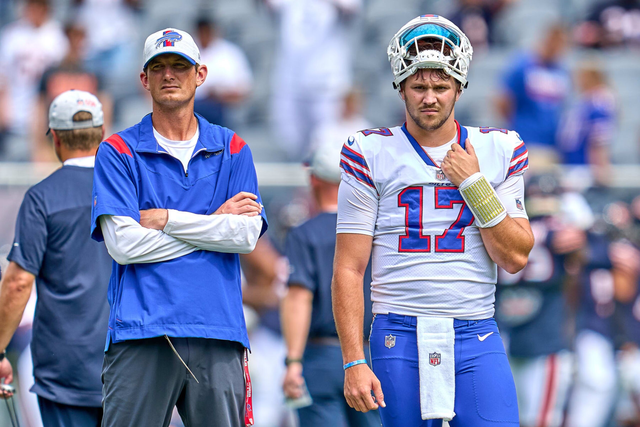 CHICAGO, IL - AUGUST 21: Buffalo Bills quarterbacks coach Ken Dorsey and quarterback Josh Allen (17) look on during a preseason game between the Chicago Bears and the Buffalo Bills on August 21, 2021 at Soldier Field in Chicago, IL. (Photo by Robin Alam/Icon Sportswire via Getty Images) CHICAGO, IL - AUGUST 21: Buffalo Bills quarterbacks coach Ken Dorsey and quarterback Josh Allen (17) look on during a preseason game between the Chicago Bears and the Buffalo Bills on August 21, 2021 at Soldier Field in Chicago, IL. (Photo by Robin Alam/Icon Sportswire via Getty Images)