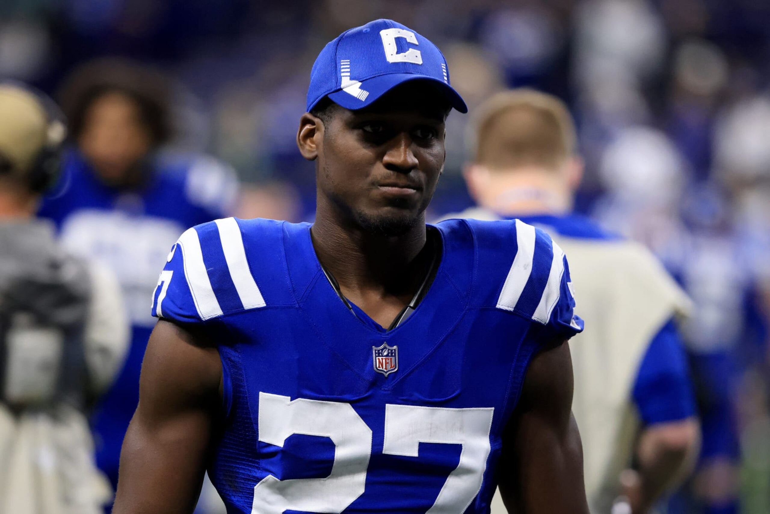 INDIANAPOLIS, INDIANA - NOVEMBER 04: Xavier Rhodes #27 of the Indianapolis Colts walks off the field after the game against the New York Jets at Lucas Oil Stadium on November 04, 2021 in Indianapolis, Indiana. (Photo by Justin Casterline/Getty Images)