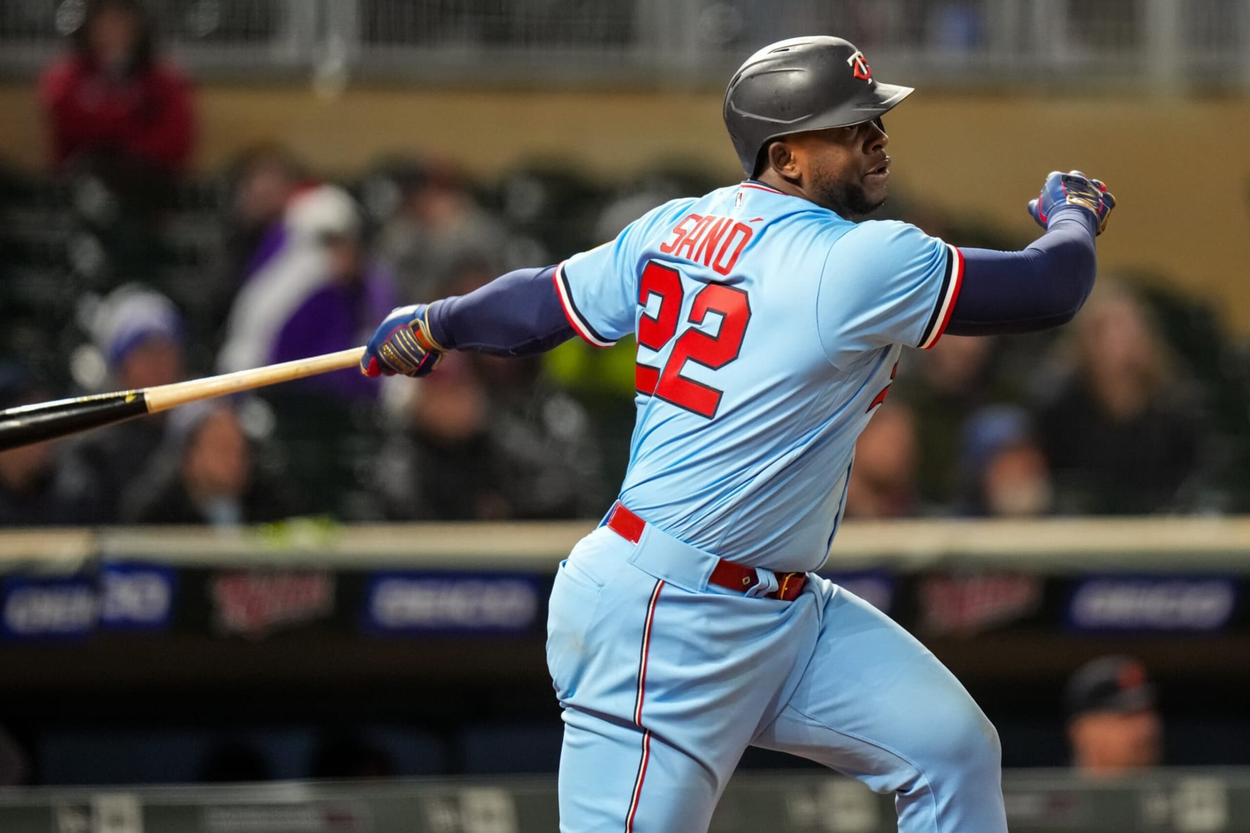 MINNEAPOLIS, MN - APRIL 26: Miguel Sanó #22 of the Minnesota Twins bats and hits a walk-off single against the Detroit Tigers on April 26, 2022 at Target Field in Minneapolis, Minnesota. (Photo by Brace Hemmelgarn/Minnesota Twins/Getty Images)