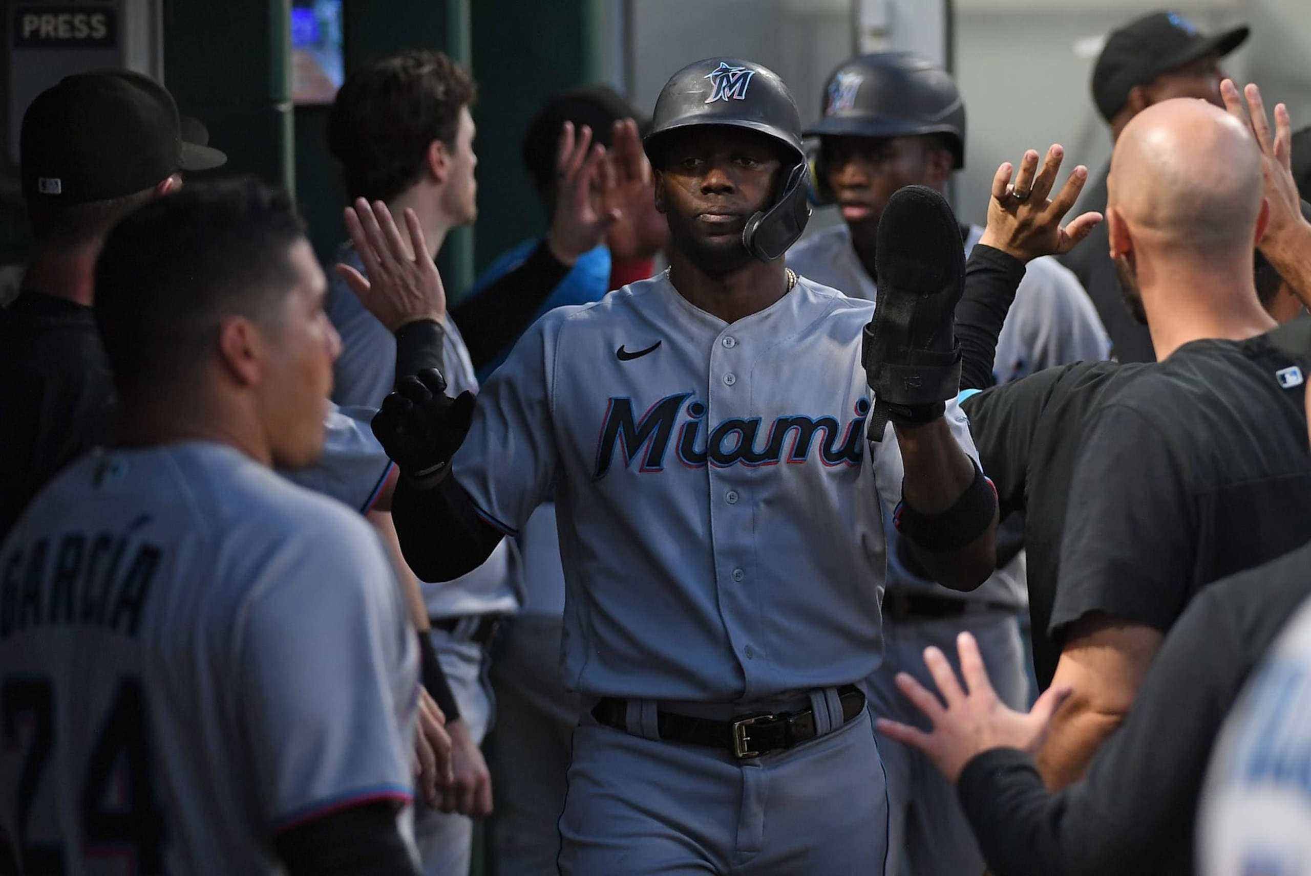 PITTSBURGH, PA - JULY 22: Jorge Soler #12 of the Miami Marlins celebrates with teammates in the dugout after coming around to score on a two run RBI double by Nick Fortes #54 in the sixth inning during the game against the Pittsburgh Pirates at PNC Park on July 22, 2022 in Pittsburgh, Pennsylvania. (Photo by Justin Berl/Getty Images) PITTSBURGH, PA - JULY 22: Jorge Soler #12 of the Miami Marlins celebrates with teammates in the dugout after coming around to score on a two run RBI double by Nick Fortes #54 in the sixth inning during the game against the Pittsburgh Pirates at PNC Park on July 22, 2022 in Pittsburgh, Pennsylvania. (Photo by Justin Berl/Getty Images)