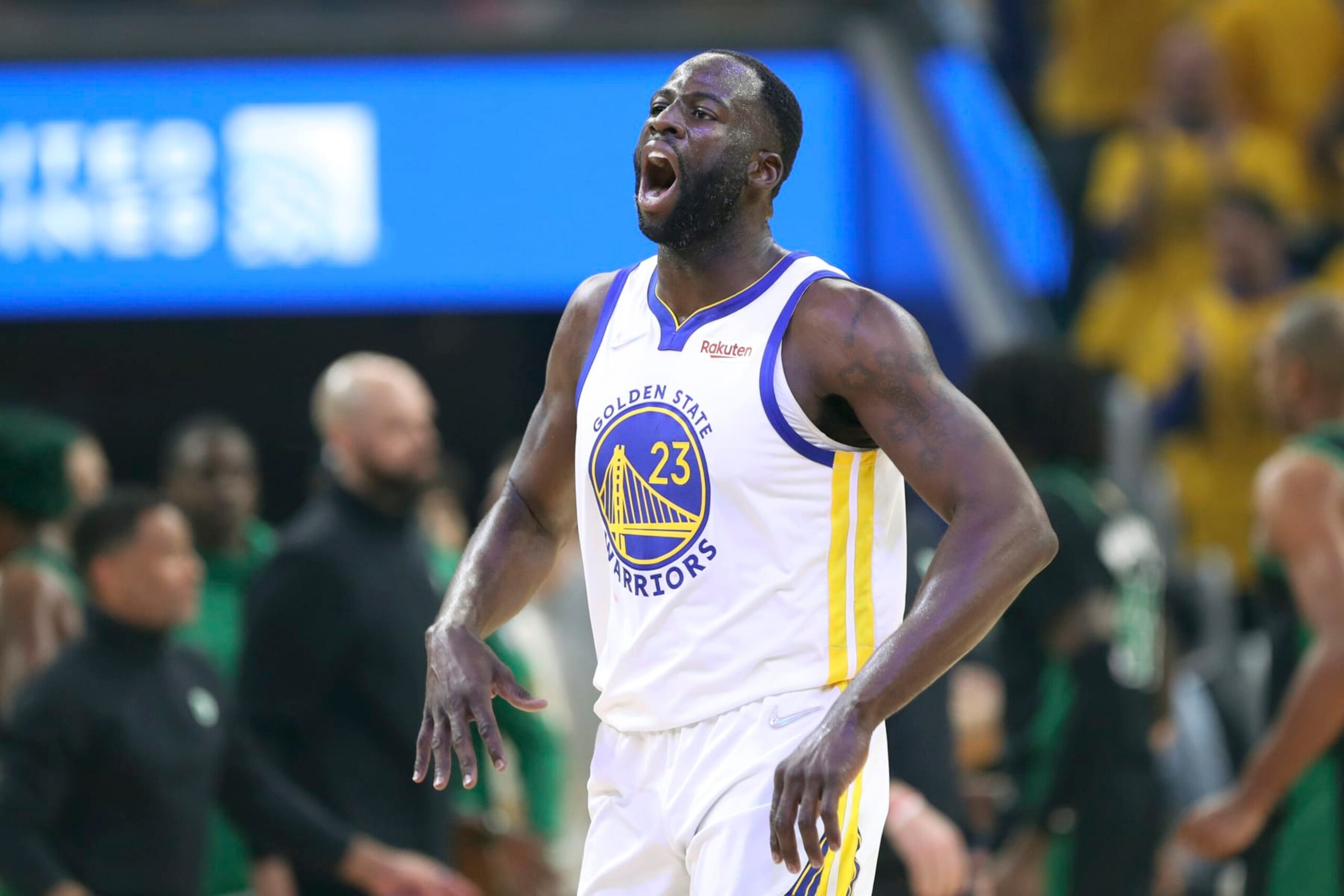 Golden State Warriors forward Draymond Green celebrates after scoring against the Boston Celtics during the first half of Game 5 of basketball's NBA Finals in San Francisco, Monday, June 13, 2022. (AP Photo/Jed Jacobsohn)
