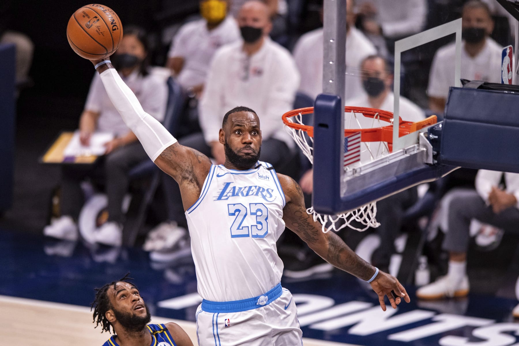 FILE- Los Angeles Lakers forward LeBron James (23) goes up high to dunk the ball during the first half of an NBA basketball game against the Indiana Pacers in Indianapolis, on May 15, 2021. James has agreed to a two-year, $97.1 million contract extension through the 2024-25 season with the Los Angeles Lakers, a person with knowledge of the deal told The Associated Press on Wednesday, Aug. 17, 2022. (AP Photo/Doug McSchooler, File) FILE- Los Angeles Lakers forward LeBron James (23) goes up high to dunk the ball during the first half of an NBA basketball game against the Indiana Pacers in Indianapolis, on May 15, 2021. James has agreed to a two-year, $97.1 million contract extension through the 2024-25 season with the Los Angeles Lakers, a person with knowledge of the deal told The Associated Press on Wednesday, Aug. 17, 2022. (AP Photo/Doug McSchooler, File)