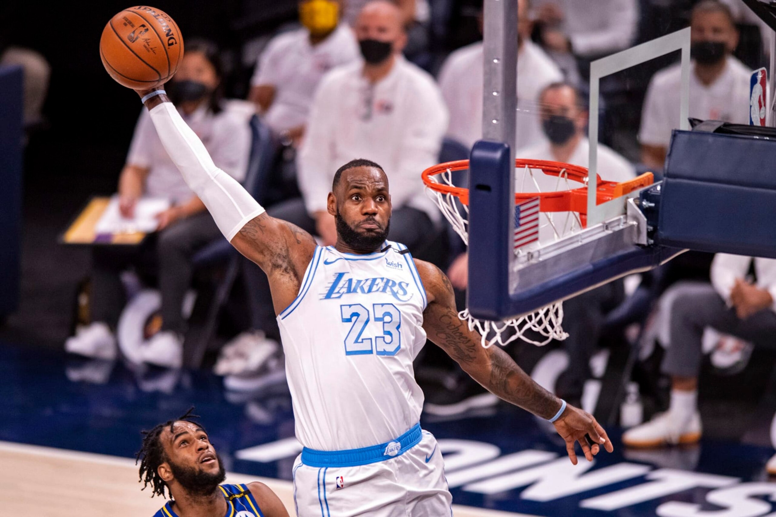 FILE- Los Angeles Lakers forward LeBron James (23) goes up high to dunk the ball during the first half of an NBA basketball game against the Indiana Pacers in Indianapolis, on May 15, 2021. James has agreed to a two-year, $97.1 million contract extension through the 2024-25 season with the Los Angeles Lakers, a person with knowledge of the deal told The Associated Press on Wednesday, Aug. 17, 2022. (AP Photo/Doug McSchooler, File) FILE- Los Angeles Lakers forward LeBron James (23) goes up high to dunk the ball during the first half of an NBA basketball game against the Indiana Pacers in Indianapolis, on May 15, 2021. James has agreed to a two-year, $97.1 million contract extension through the 2024-25 season with the Los Angeles Lakers, a person with knowledge of the deal told The Associated Press on Wednesday, Aug. 17, 2022. (AP Photo/Doug McSchooler, File)