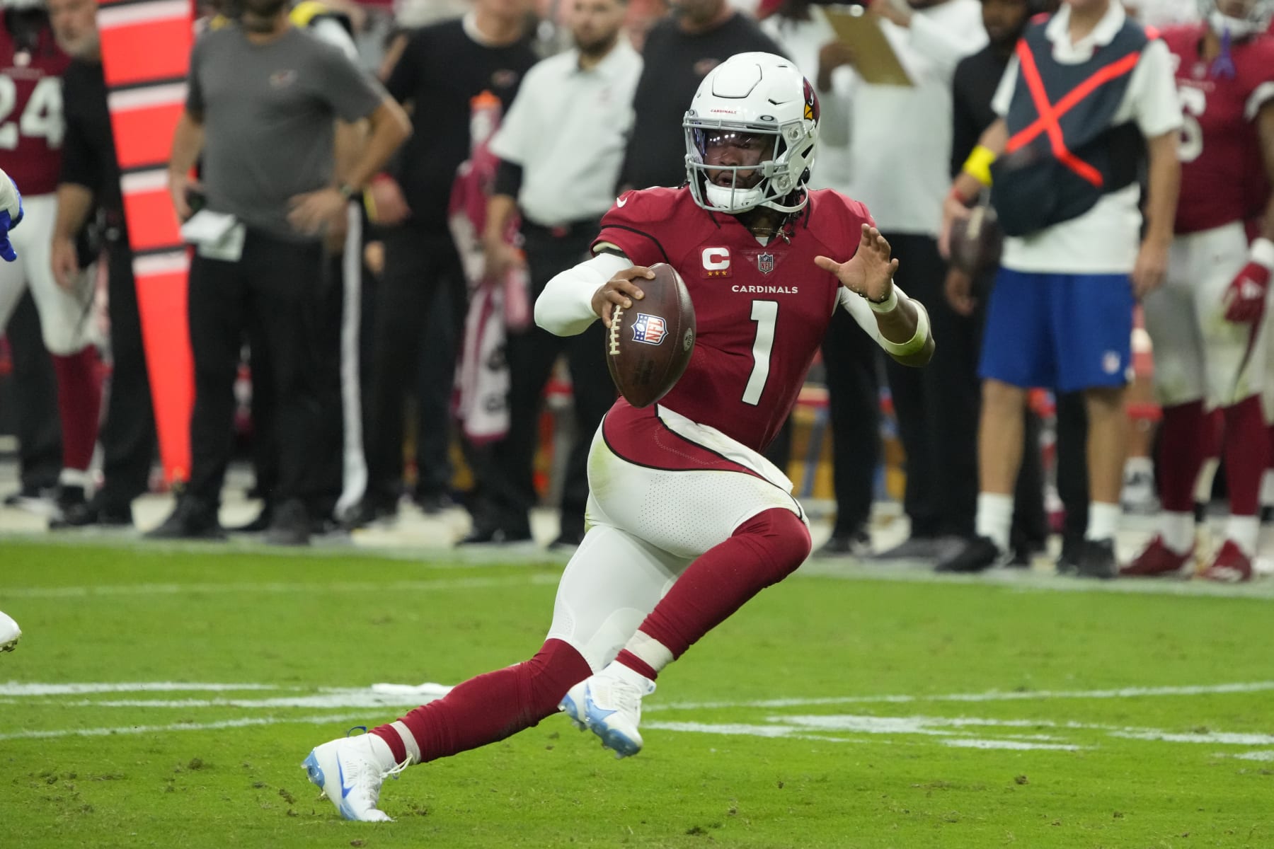 Arizona Cardinals quarterback Kyler Murray (1) during the first half of an NFL football game against the Los Angeles Rams, Sunday, Sept. 25, 2022, in Glendale, Ariz. (AP Photo/Rick Scuteri)