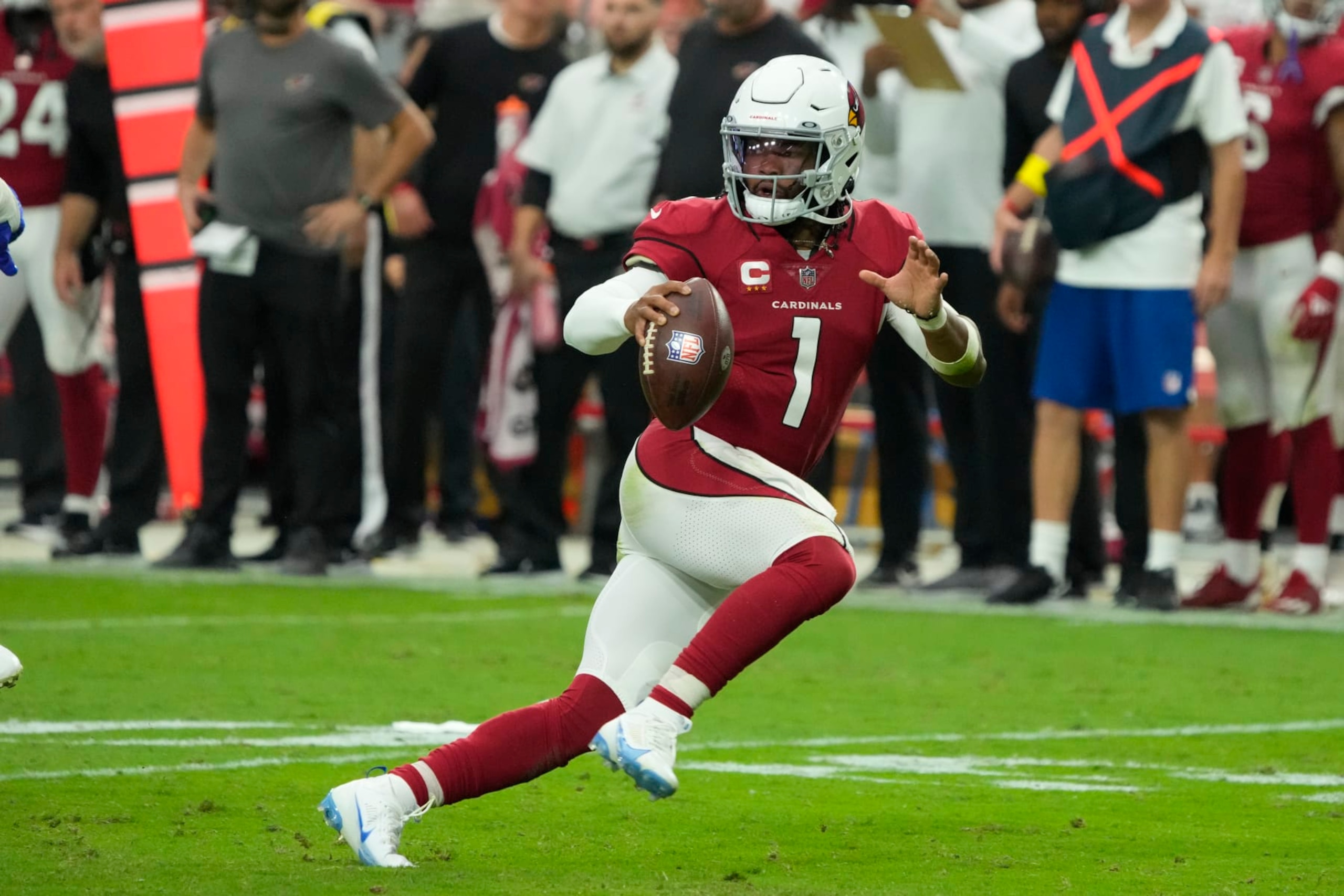 Arizona Cardinals quarterback Kyler Murray (1) during the first half of an NFL football game against the Los Angeles Rams, Sunday, Sept. 25, 2022, in Glendale, Ariz. (AP Photo/Rick Scuteri)