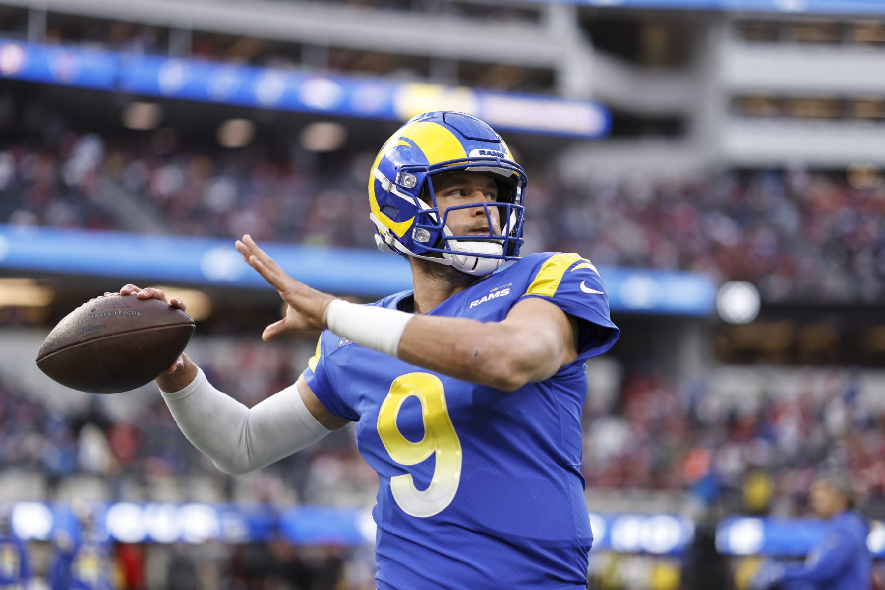 INGLEWOOD, CALIFORNIA - JANUARY 30: Matthew Stafford #9 of the Los Angeles Rams warms up prior to the NFC Championship NFL football game against the San Francisco 49ers at SoFi Stadium on January 30, 2022 in Inglewood, California. The Rams won 20-17 to advance to the Super Bowl. (Photo by Michael Owens/Getty Images)