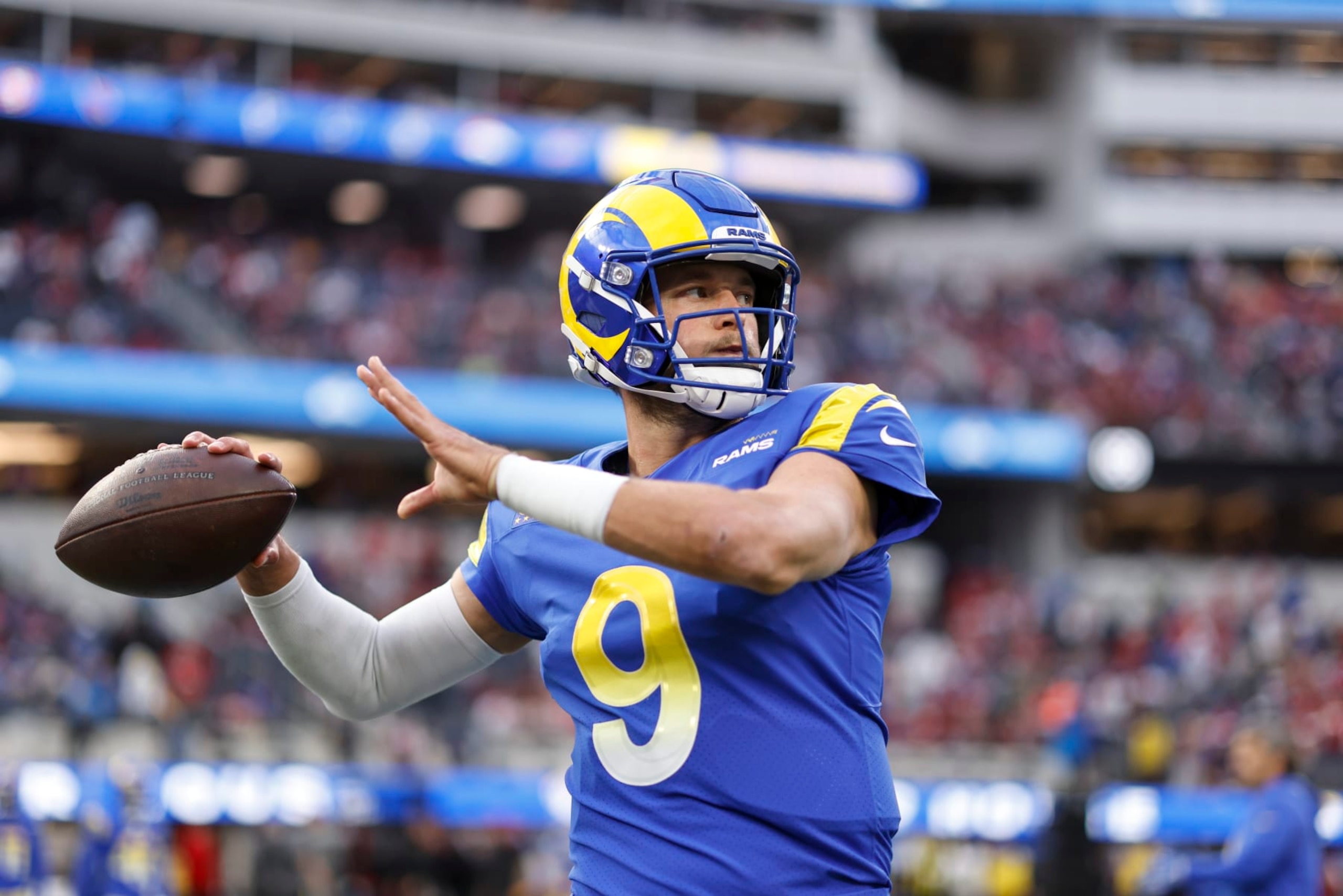 INGLEWOOD, CALIFORNIA - JANUARY 30: Matthew Stafford #9 of the Los Angeles Rams warms up prior to the NFC Championship NFL football game against the San Francisco 49ers at SoFi Stadium on January 30, 2022 in Inglewood, California. The Rams won 20-17 to advance to the Super Bowl. (Photo by Michael Owens/Getty Images)