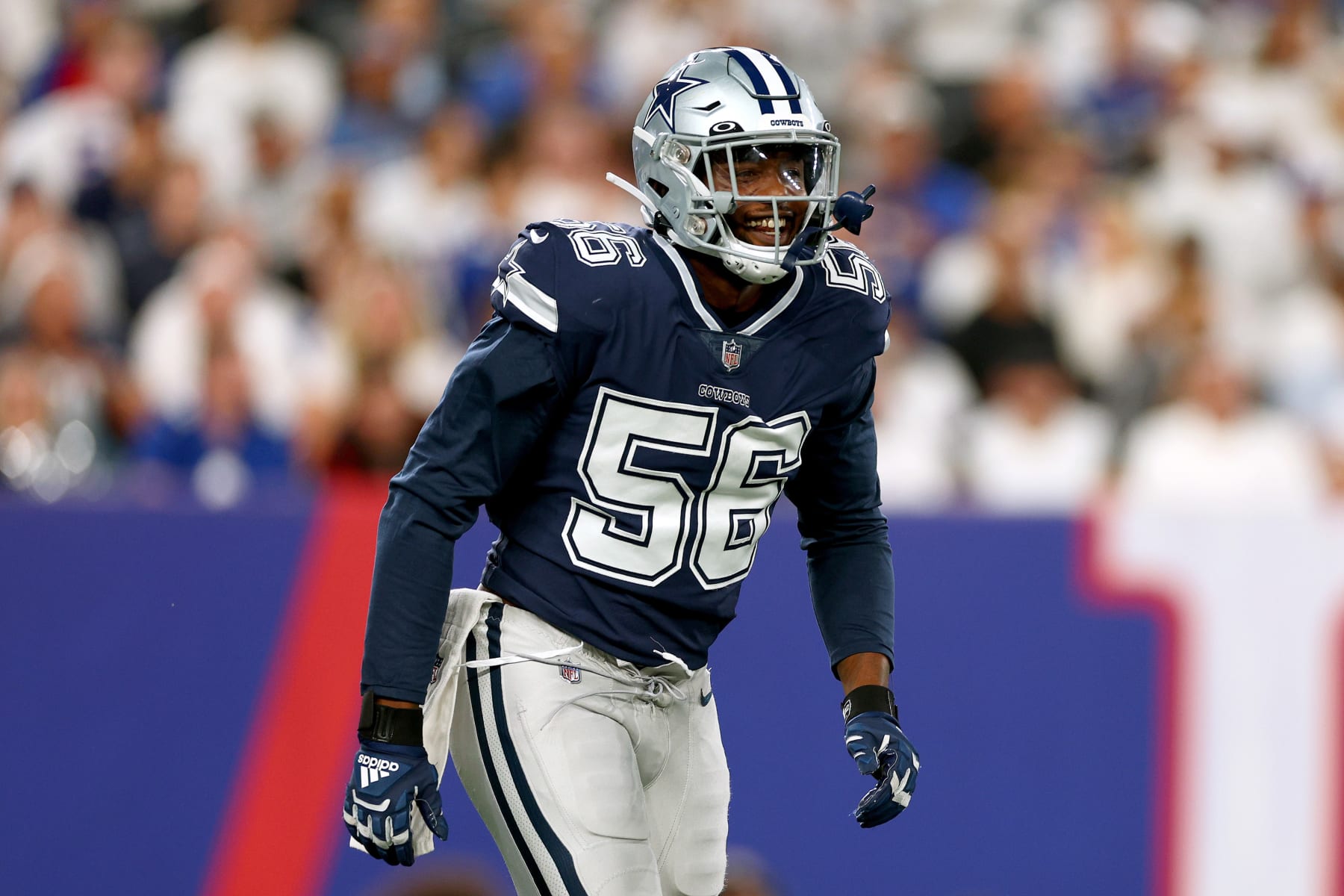 EAST RUTHERFORD, NEW JERSEY - SEPTEMBER 26: Dante Fowler Jr. #56 of the Dallas Cowboys celebrates a defensive stop against the New York Giants during the second quarter in the game at MetLife Stadium on September 26, 2022 in East Rutherford, New Jersey. (Photo by Elsa/Getty Images)