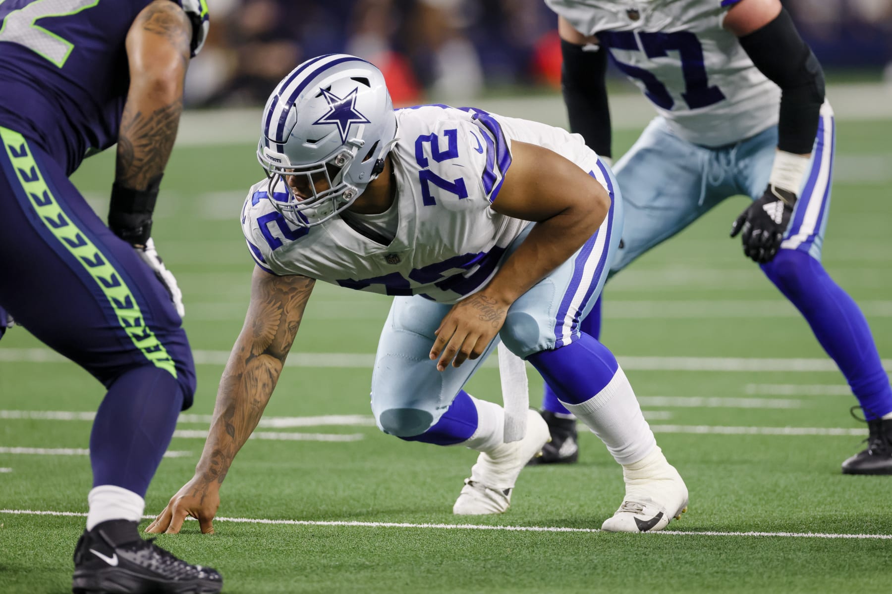 ARLINGTON, TX - AUGUST 26: Dallas Cowboys defensive tackle Trysten Hill (72) waits for the snap during the game between the Dallas Cowboys and the Seattle Seahawks on August 26, 2022 at AT&T Stadium in Arlington, Texas. (Photo by Matthew Pearce/Icon Sportswire via Getty Images)