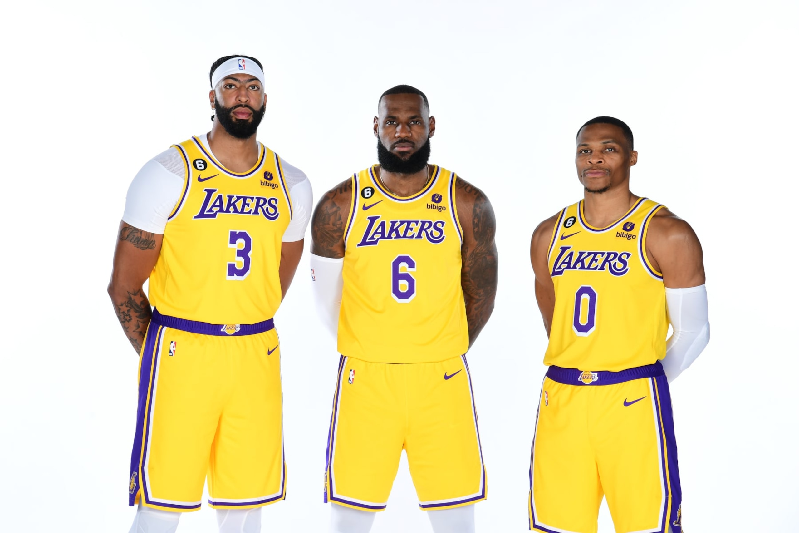 EL SEGUNDO, CA - SEPTEMBER 26: Anthony Davis #3, LeBron James #6 and Russell Westbrook #0 of the Los Angeles Lakers pose for a photo during NBA Media day at UCLA Health Training Center on September 26, 2022 in El Segundo, California. NOTE TO USER: User expressly acknowledges and agrees that, by downloading and/or using this Photograph, user is consenting to the terms and conditions of the Getty Images License Agreement. Mandatory Copyright Notice: Copyright 2022 NBAE (Photo by Adam Pantozzi/NBAE via Getty Images)