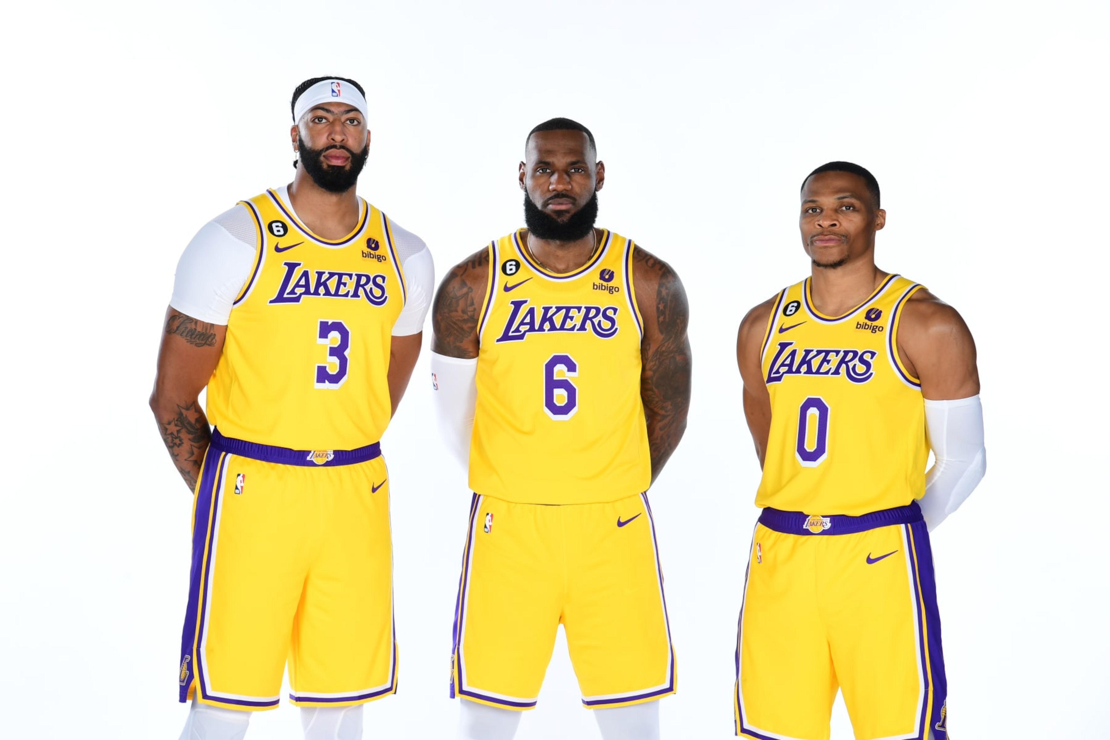 EL SEGUNDO, CA - SEPTEMBER 26: Anthony Davis #3, LeBron James #6 and Russell Westbrook #0 of the Los Angeles Lakers pose for a photo during NBA Media day at UCLA Health Training Center on September 26, 2022 in El Segundo, California. NOTE TO USER: User expressly acknowledges and agrees that, by downloading and/or using this Photograph, user is consenting to the terms and conditions of the Getty Images License Agreement. Mandatory Copyright Notice: Copyright 2022 NBAE (Photo by Adam Pantozzi/NBAE via Getty Images)