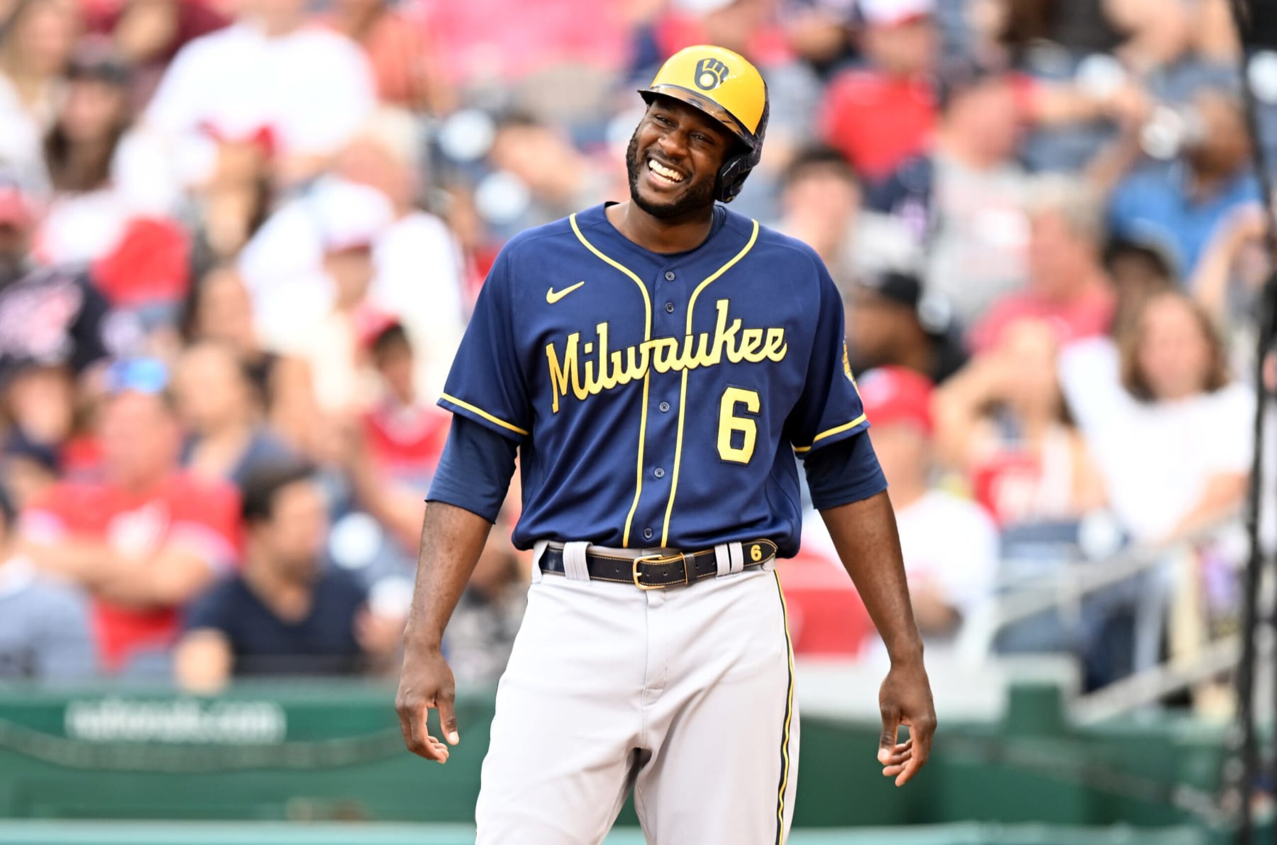 WASHINGTON, DC - JUNE 11: Lorenzo Cain #6 of the Milwaukee Brewers celebrates during the game against the Washington Nationals at Nationals Park on June 11, 2022 in Washington, DC. (Photo by G Fiume/Getty Images)