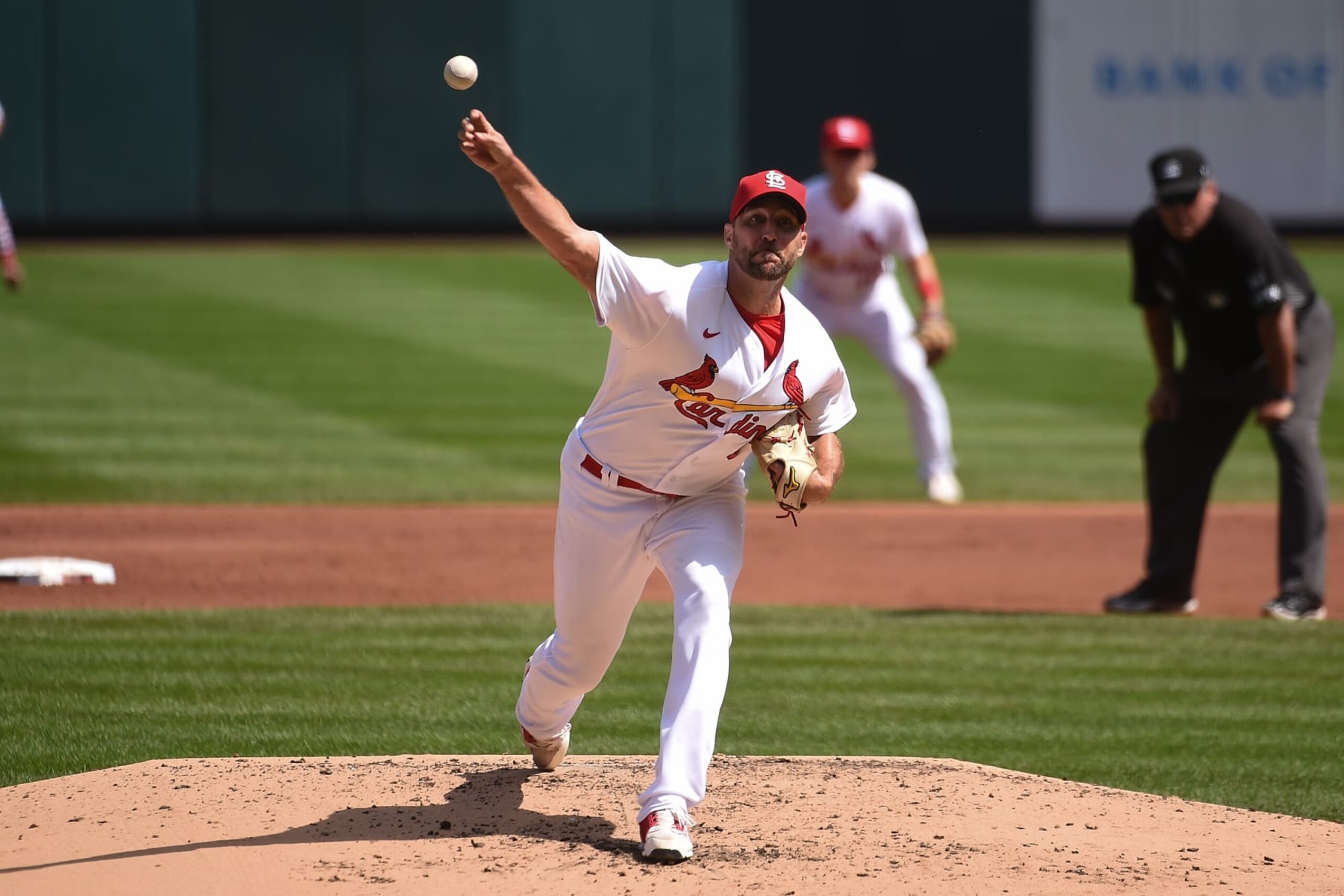 ST LOUIS, MO - SEPTEMBER 08: Adam Wainwright #50 of the St. Louis Cardinals pitches against the Washington Nationals at Busch Stadium on September 8, 2022 in St Louis, Missouri. (Photo by Joe Puetz/Getty Images)
